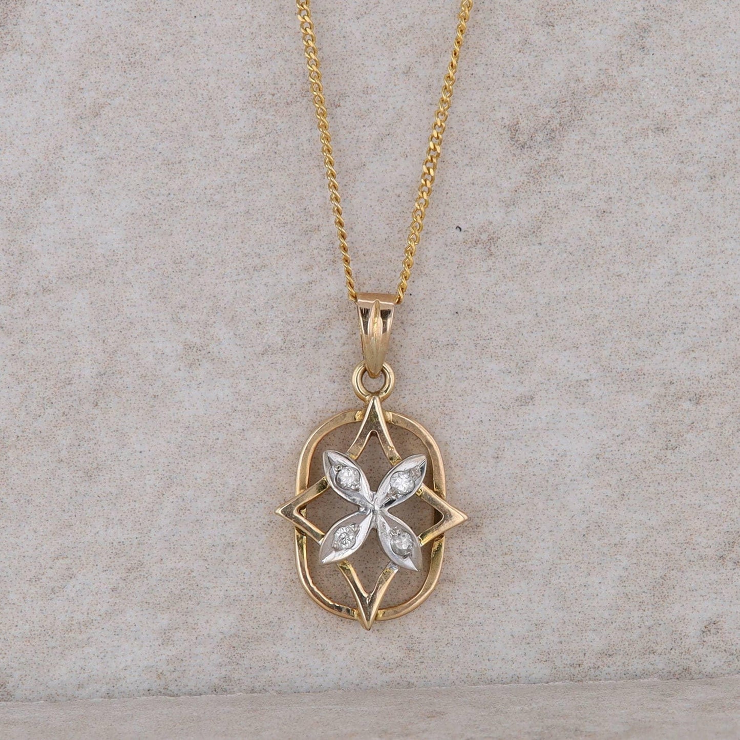 14k Two Tone Floral Star and Oval Style Pendant with 16" curb chain