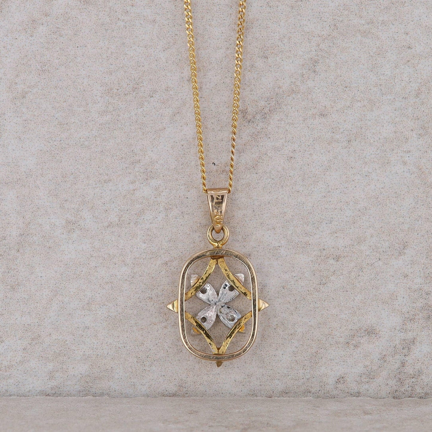 14k Two Tone Floral Star and Oval Style Pendant with 16" curb chain
