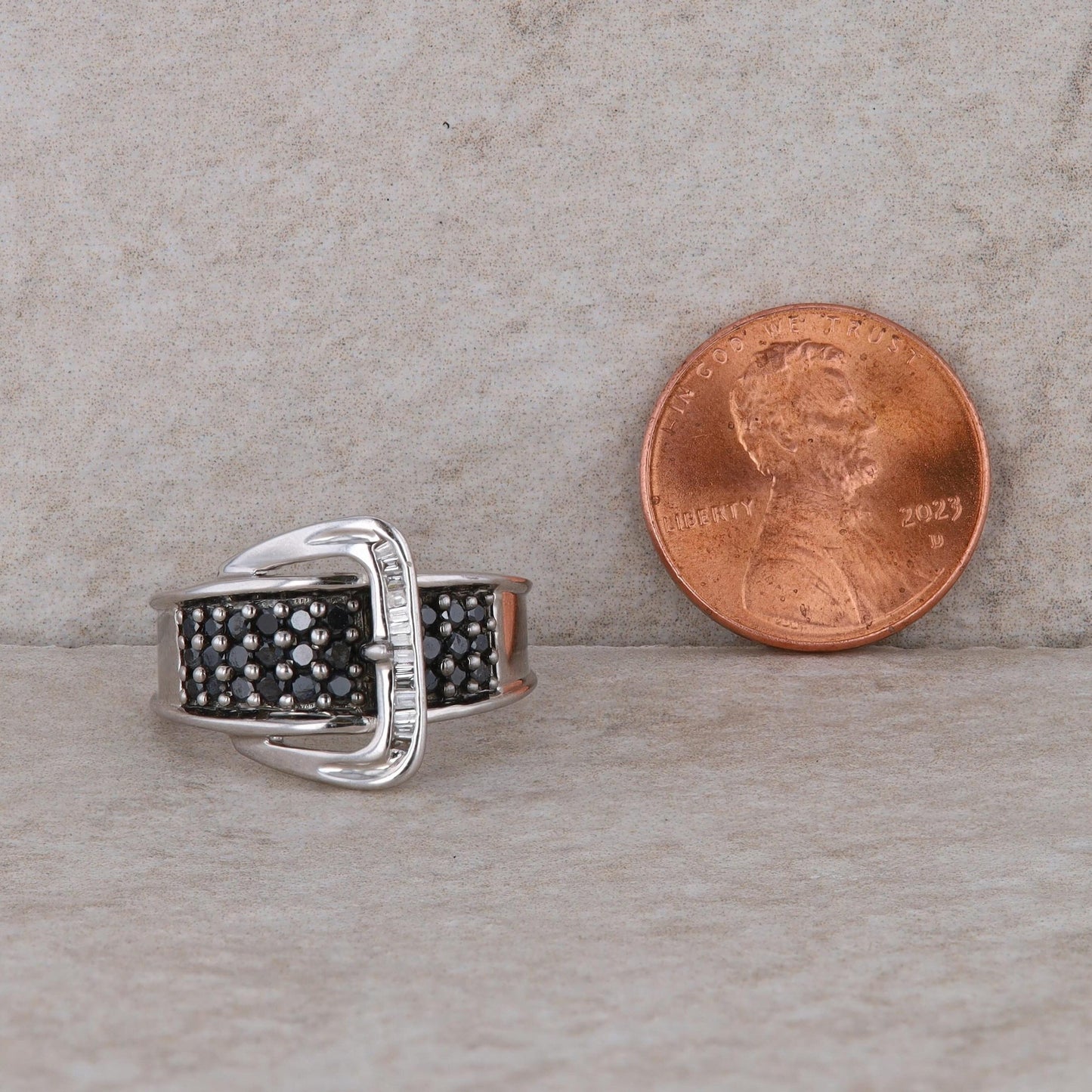 14k White Gold Belt Buckle Ring with Black Diamonds and Baguettes