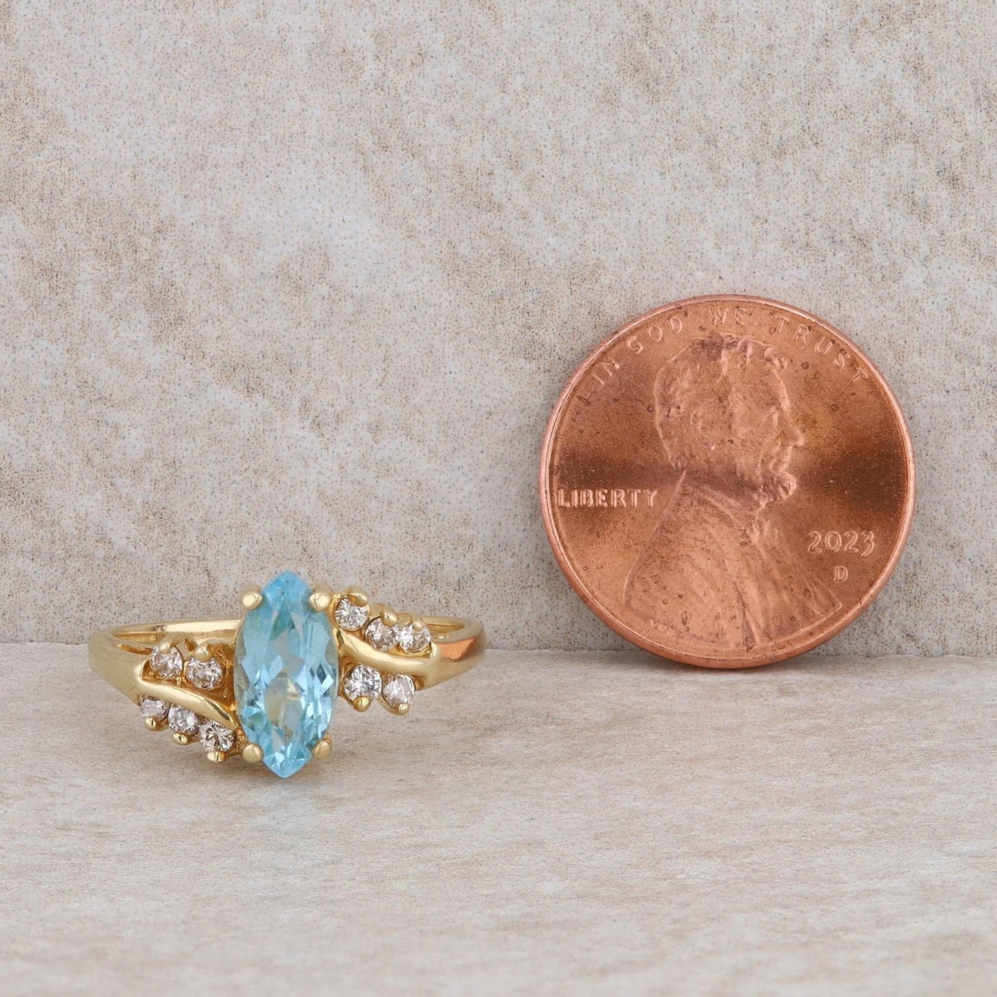14k Yellow Gold Blue Topaz and Diamond Ring