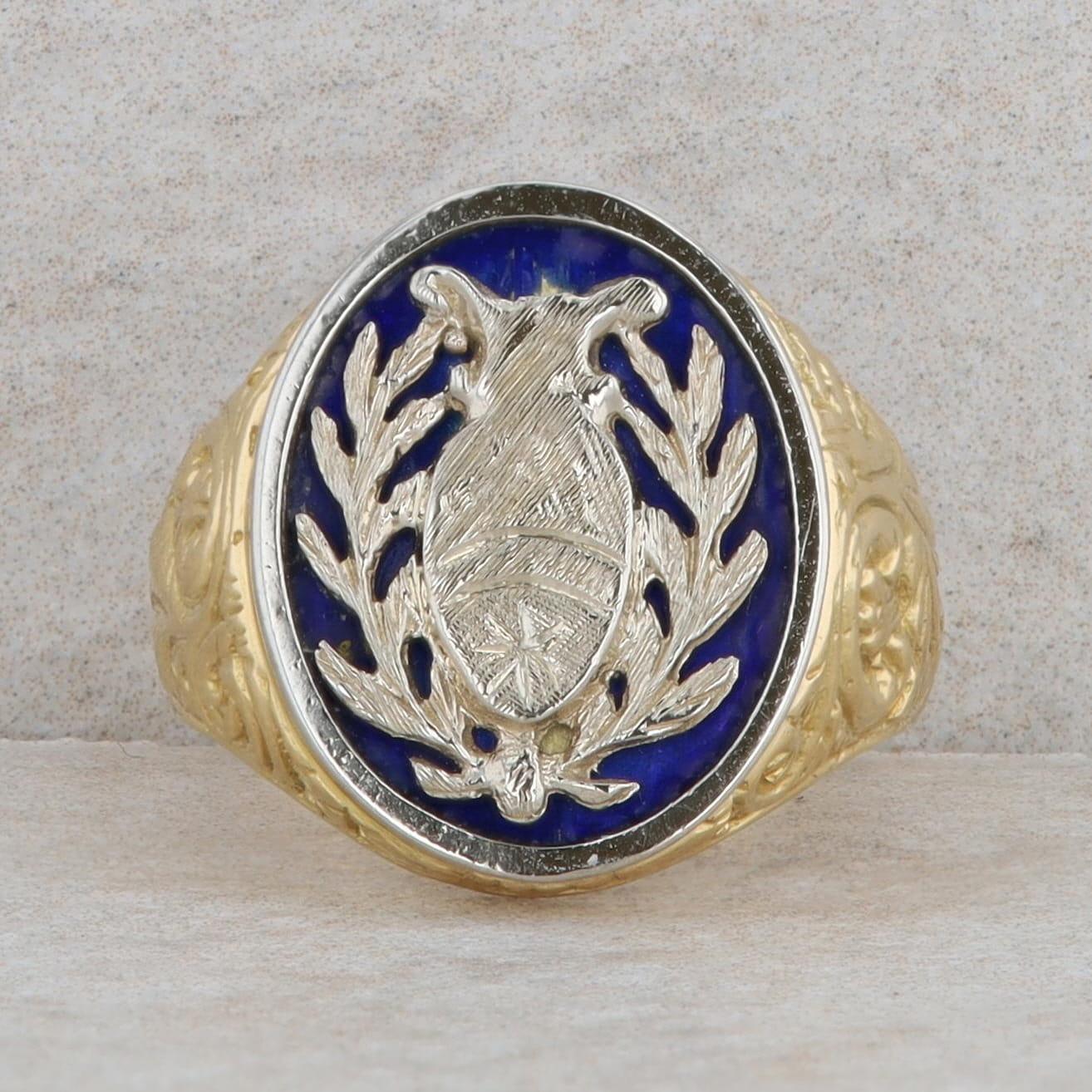 18k Yellow Gold Blue Enamel Hand Engraved Round Signet Ring