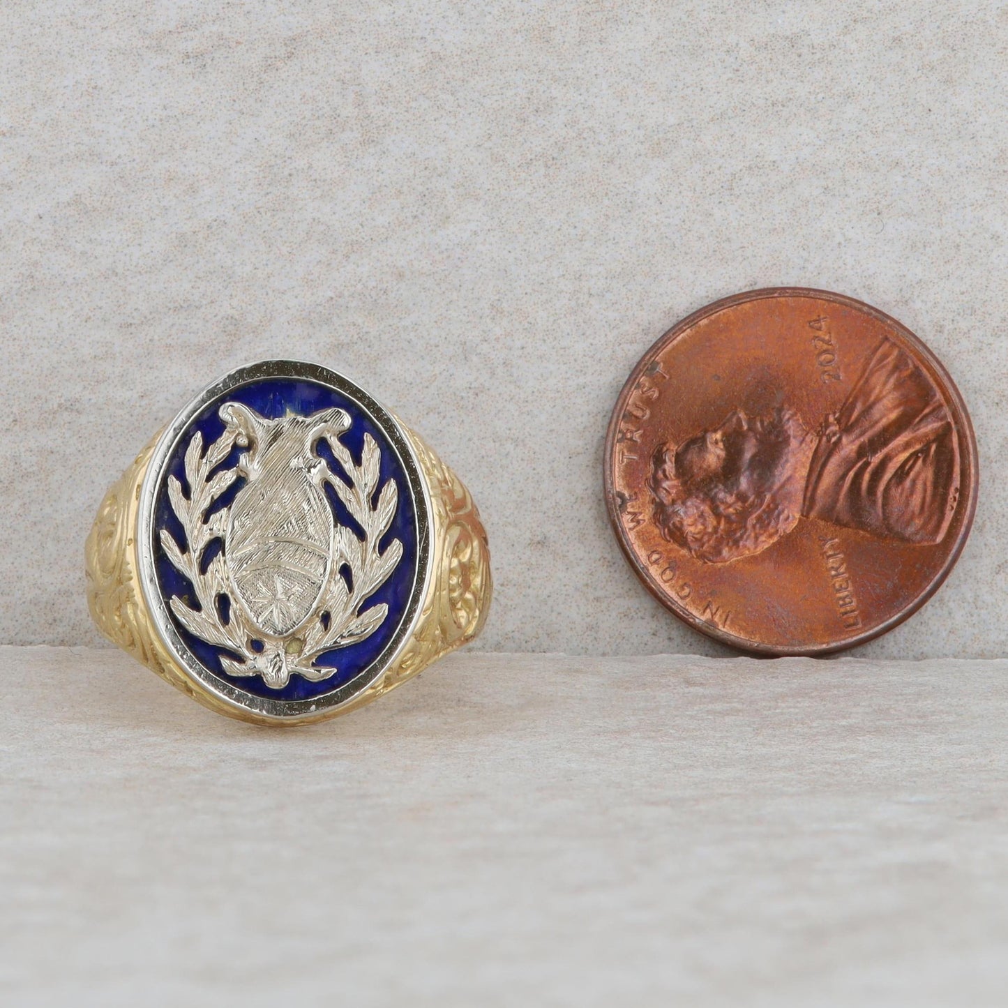 18k Yellow Gold Blue Enamel Hand Engraved Round Signet Ring