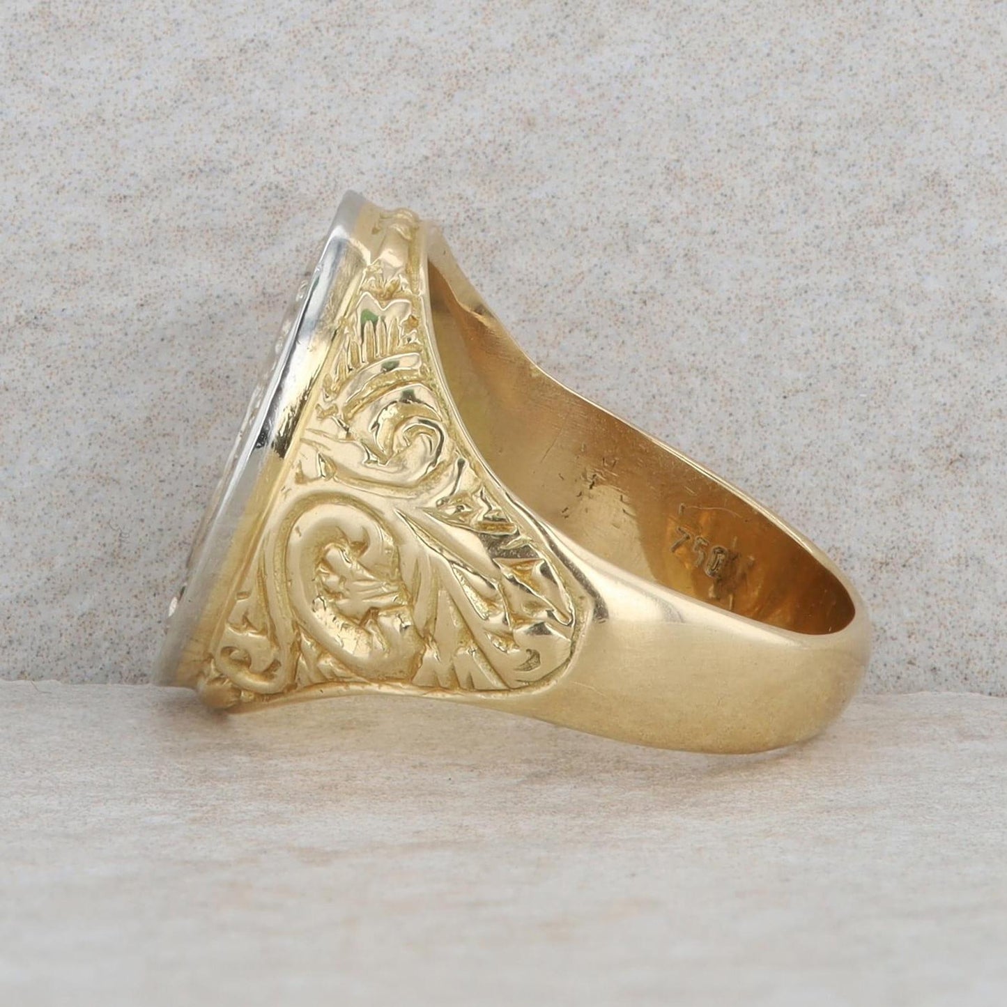 18k Yellow Gold Blue Enamel Hand Engraved Round Signet Ring