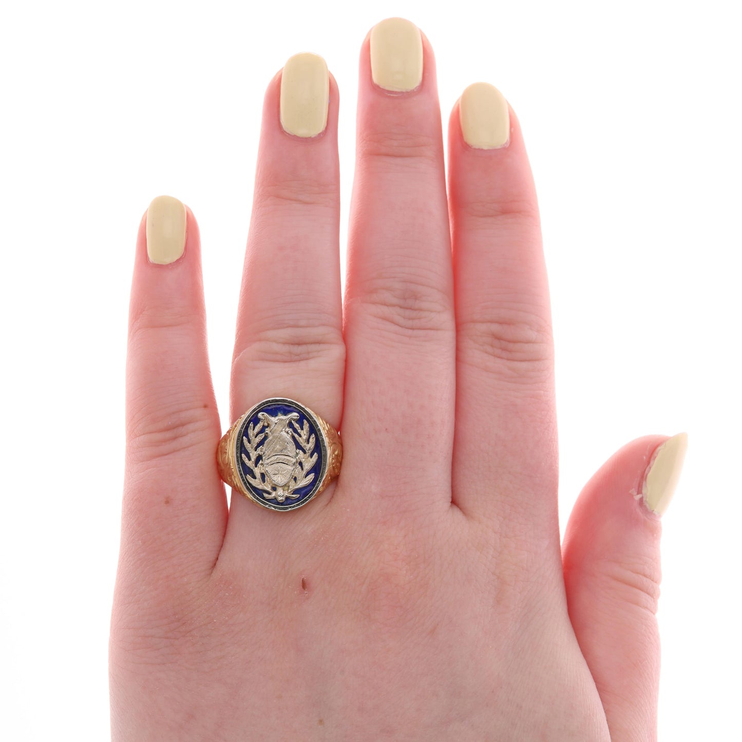 18k Yellow Gold Blue Enamel Hand Engraved Round Signet Ring