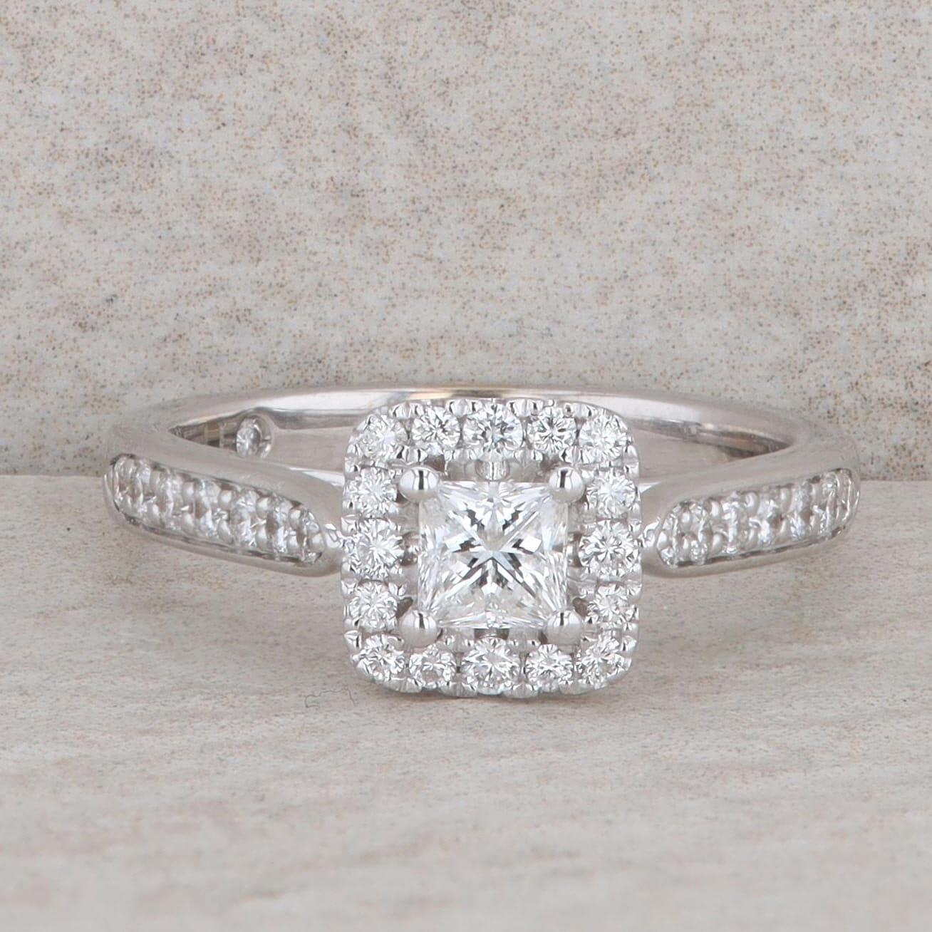 Leo Bridal 14k White Gold Princess Cut Halo Cathedral Engagement Ring