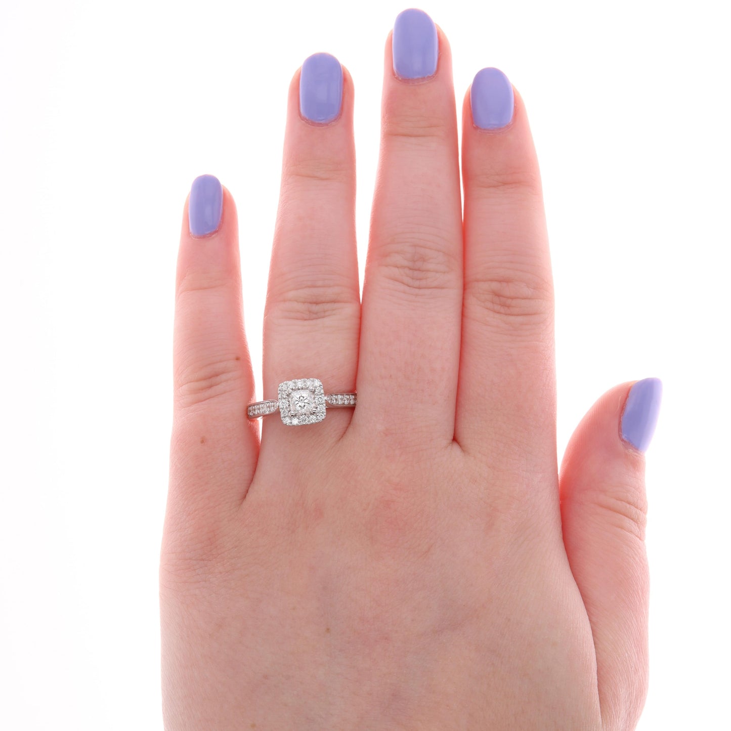 Leo Bridal 14k White Gold Princess Cut Halo Cathedral Engagement Ring