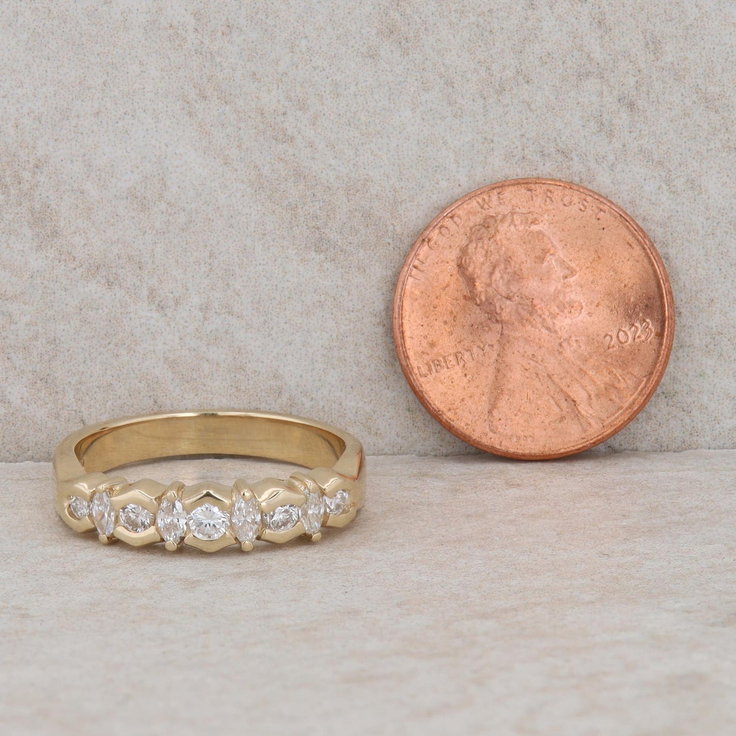 14k Yellow Gold Round & Marquise Diamond Channel & Prong Set Alternating Band