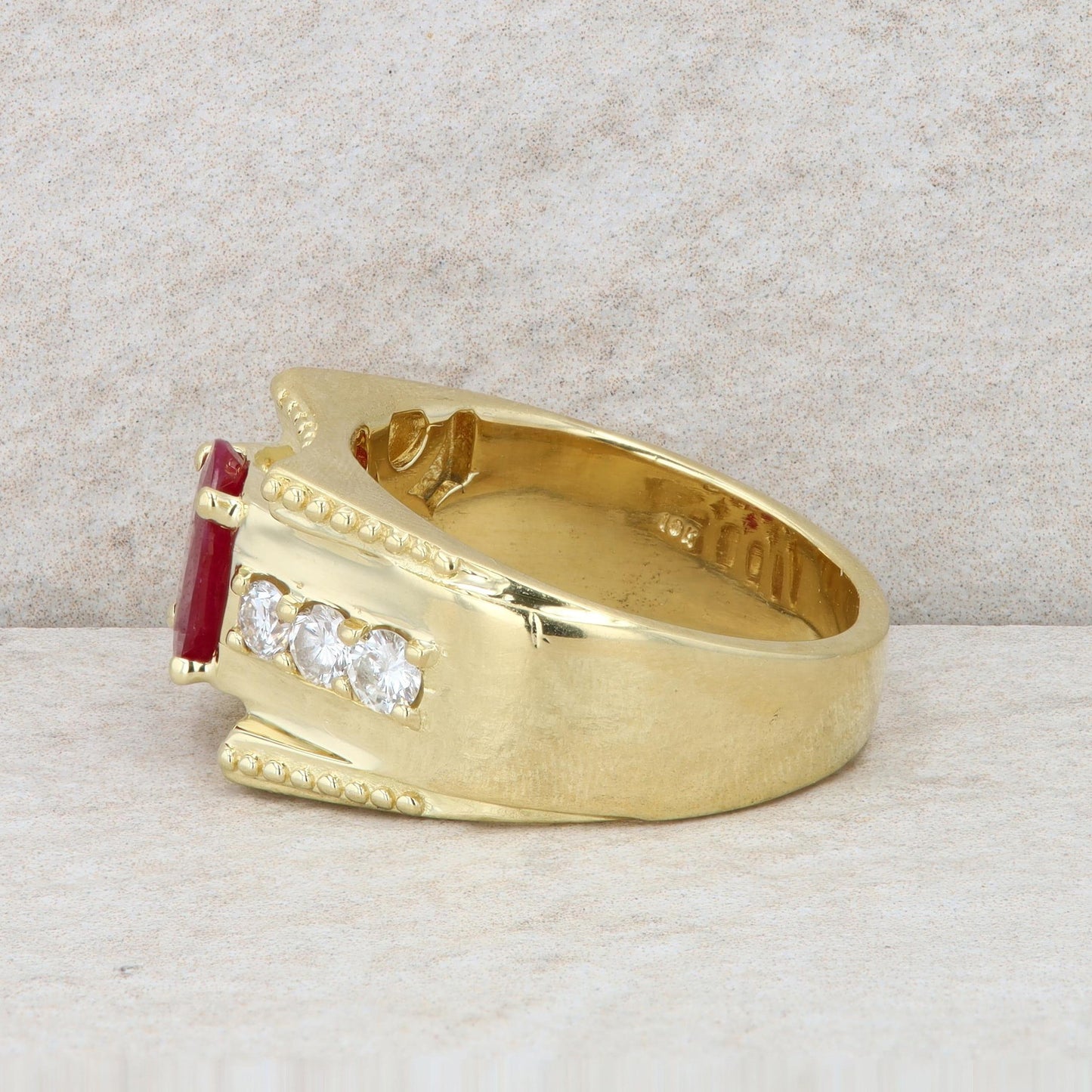 18k Yellow Gold Diamond and Ruby Wide Band Style Ring