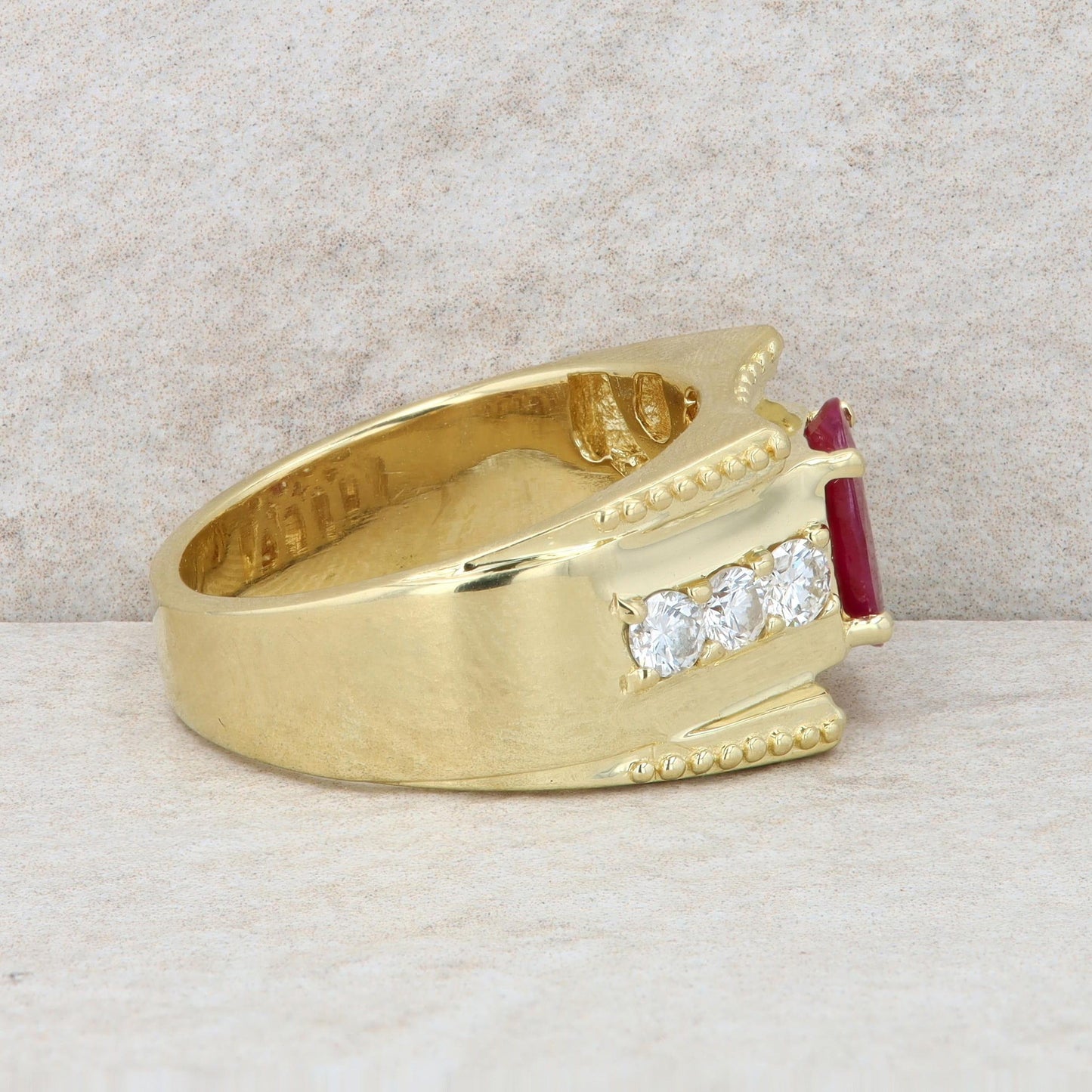 18k Yellow Gold Diamond and Ruby Wide Band Style Ring