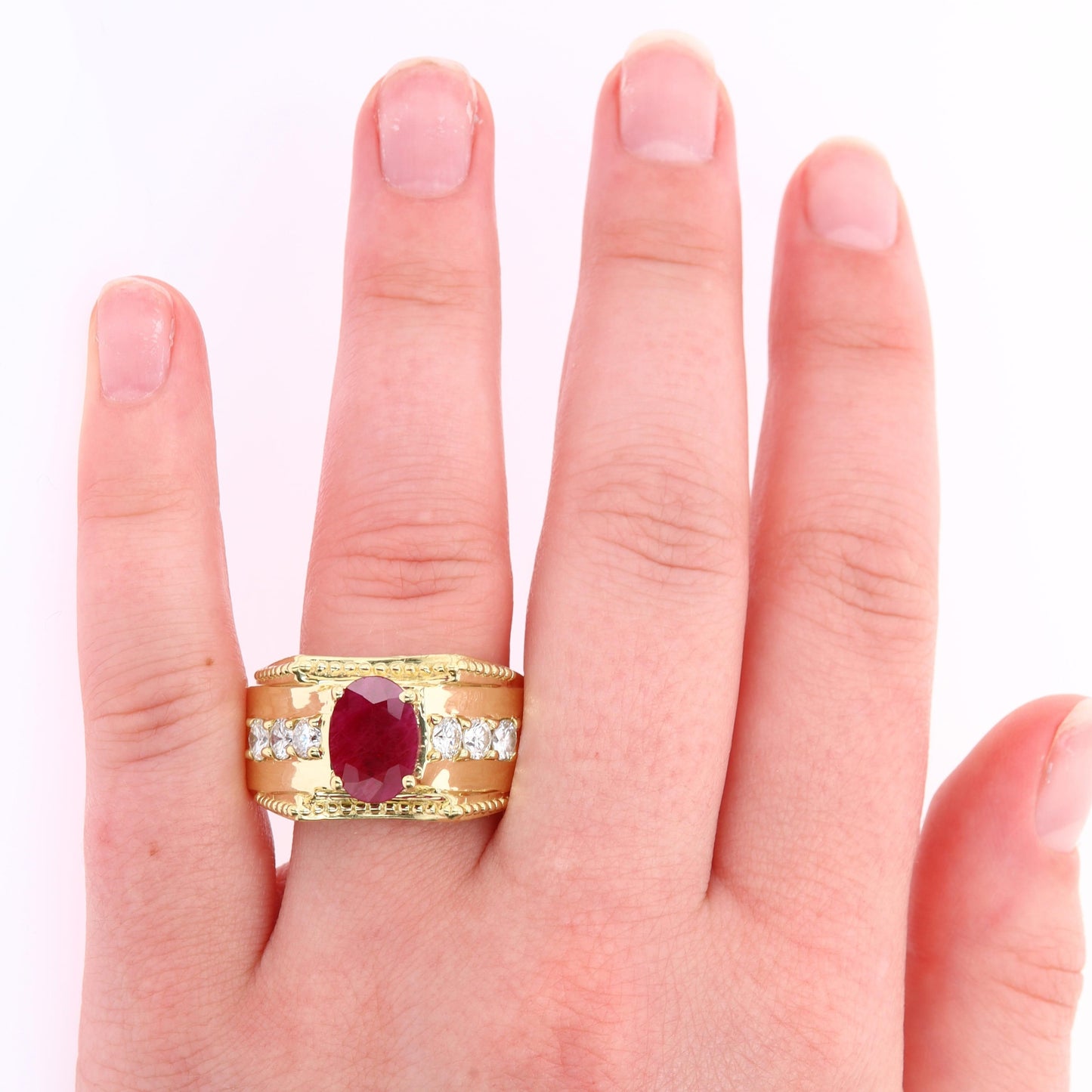 18k Yellow Gold Diamond and Ruby Wide Band Style Ring