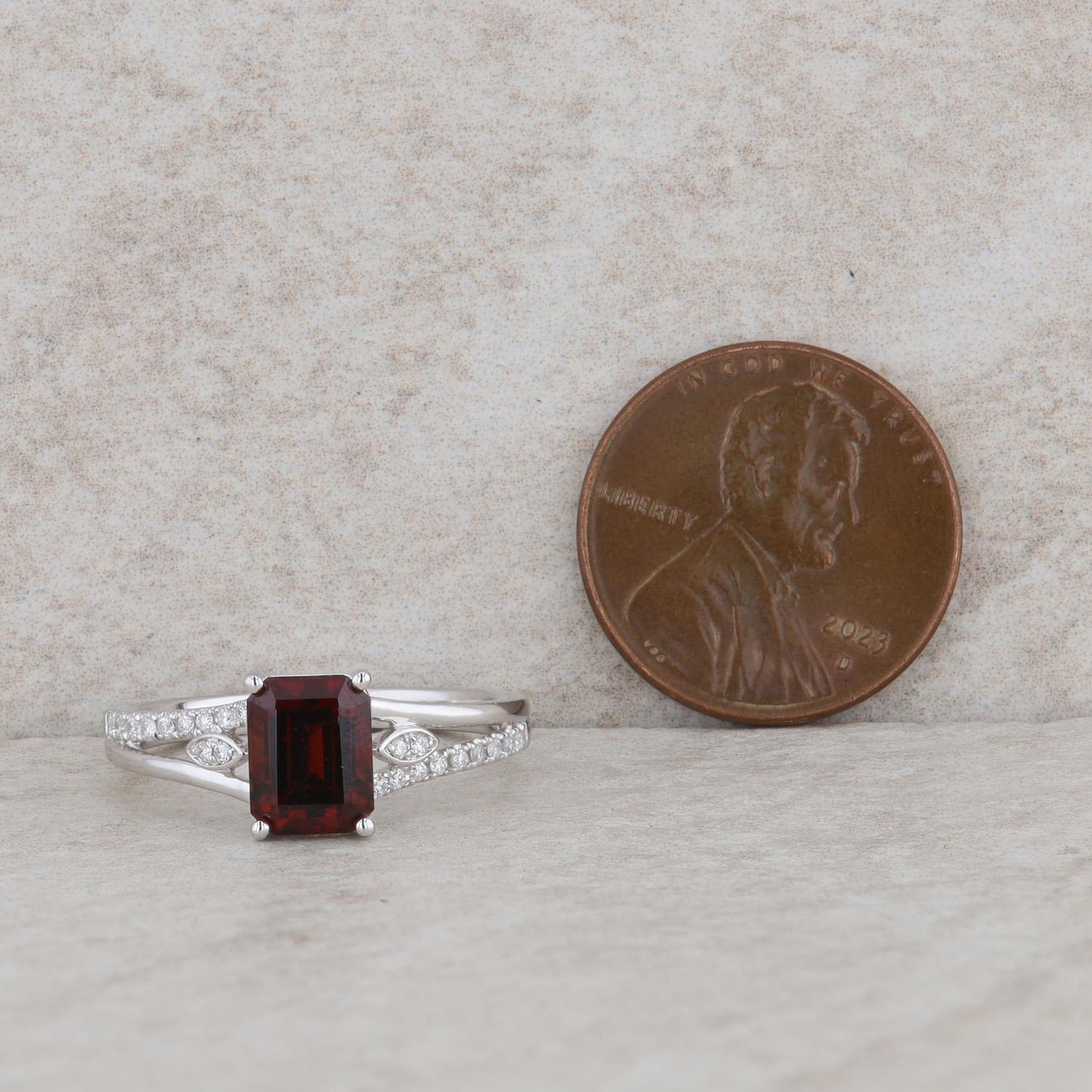 14k White Gold Emerald Cut Garnet and Diamond Ring
