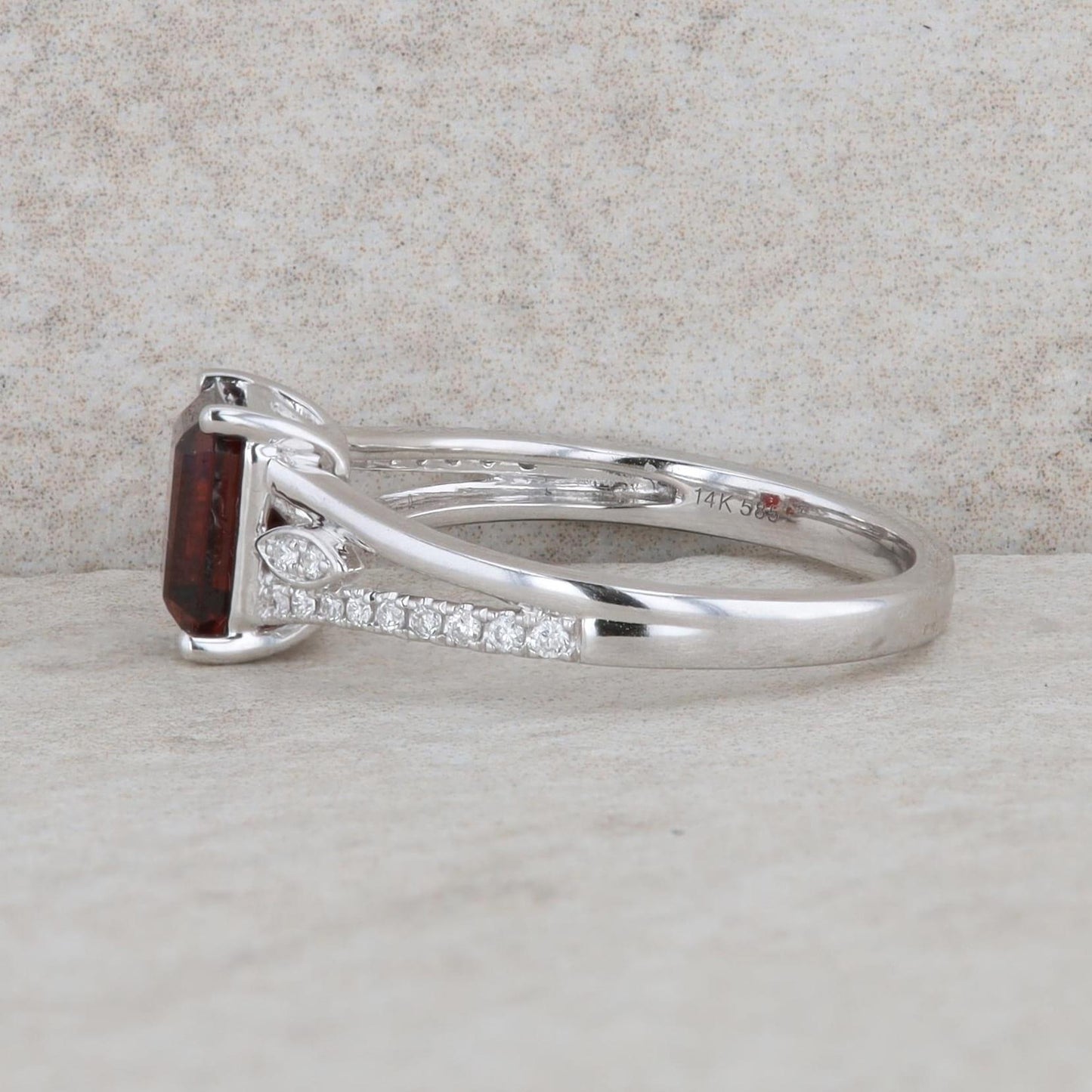 14k White Gold Emerald Cut Garnet and Diamond Ring