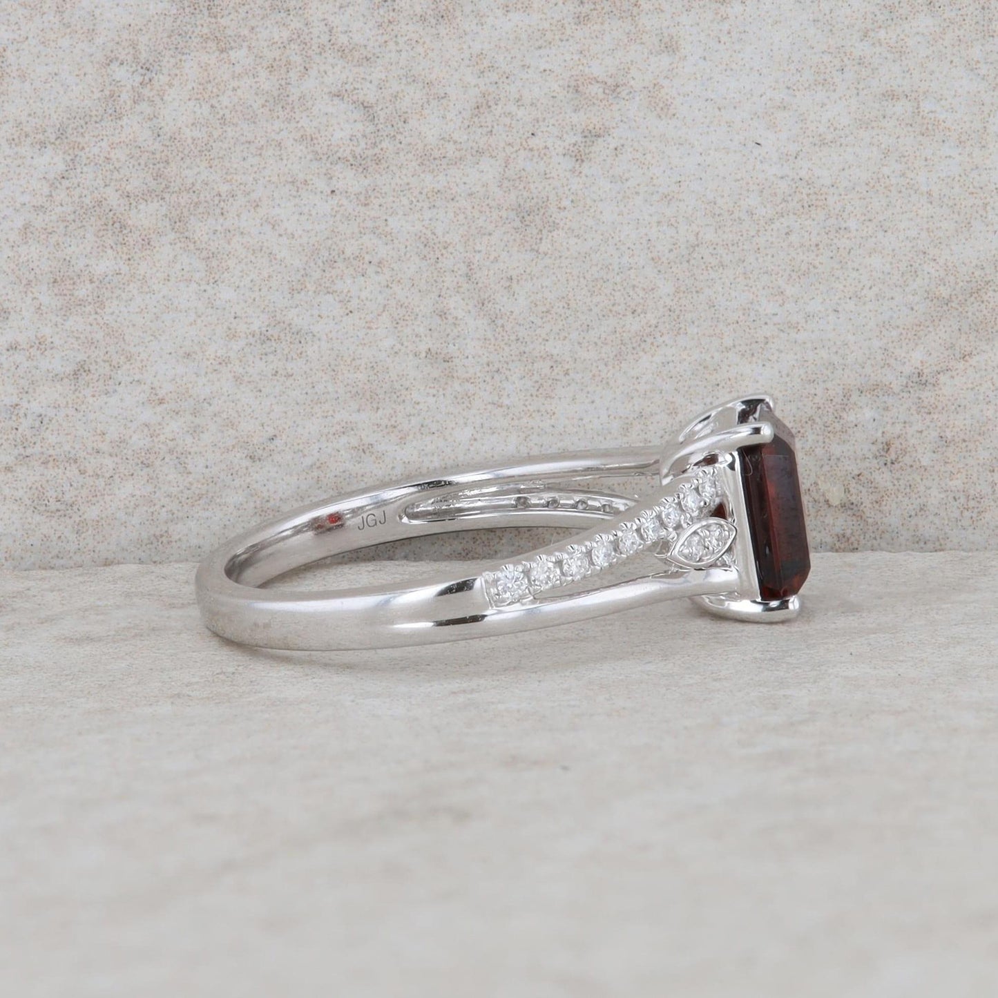 14k White Gold Emerald Cut Garnet and Diamond Ring
