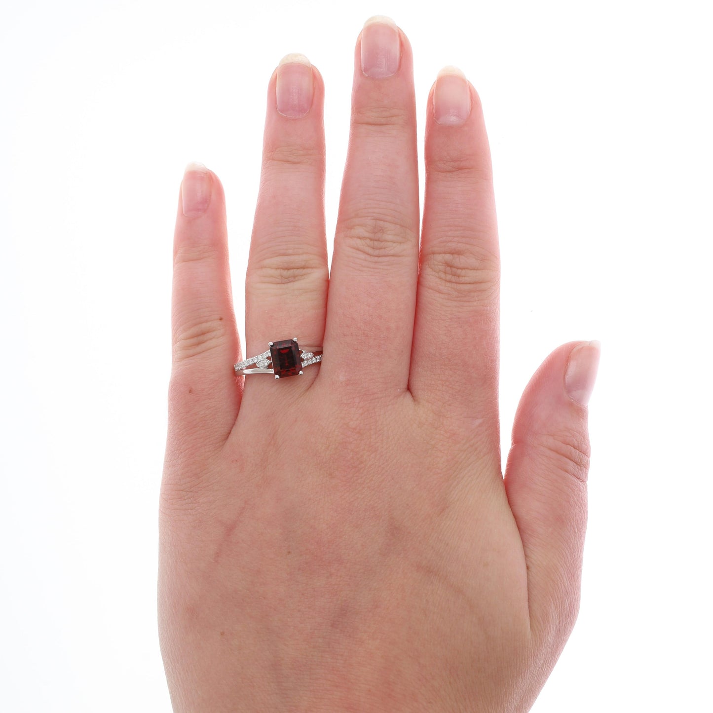 14k White Gold Emerald Cut Garnet and Diamond Ring