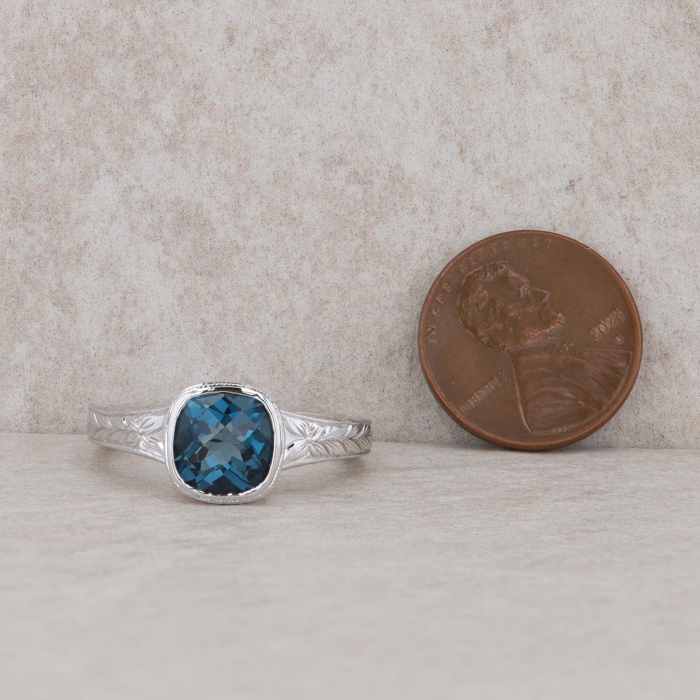 14k White Gold Cushion London Blue Topaz Hand Engraved Ring