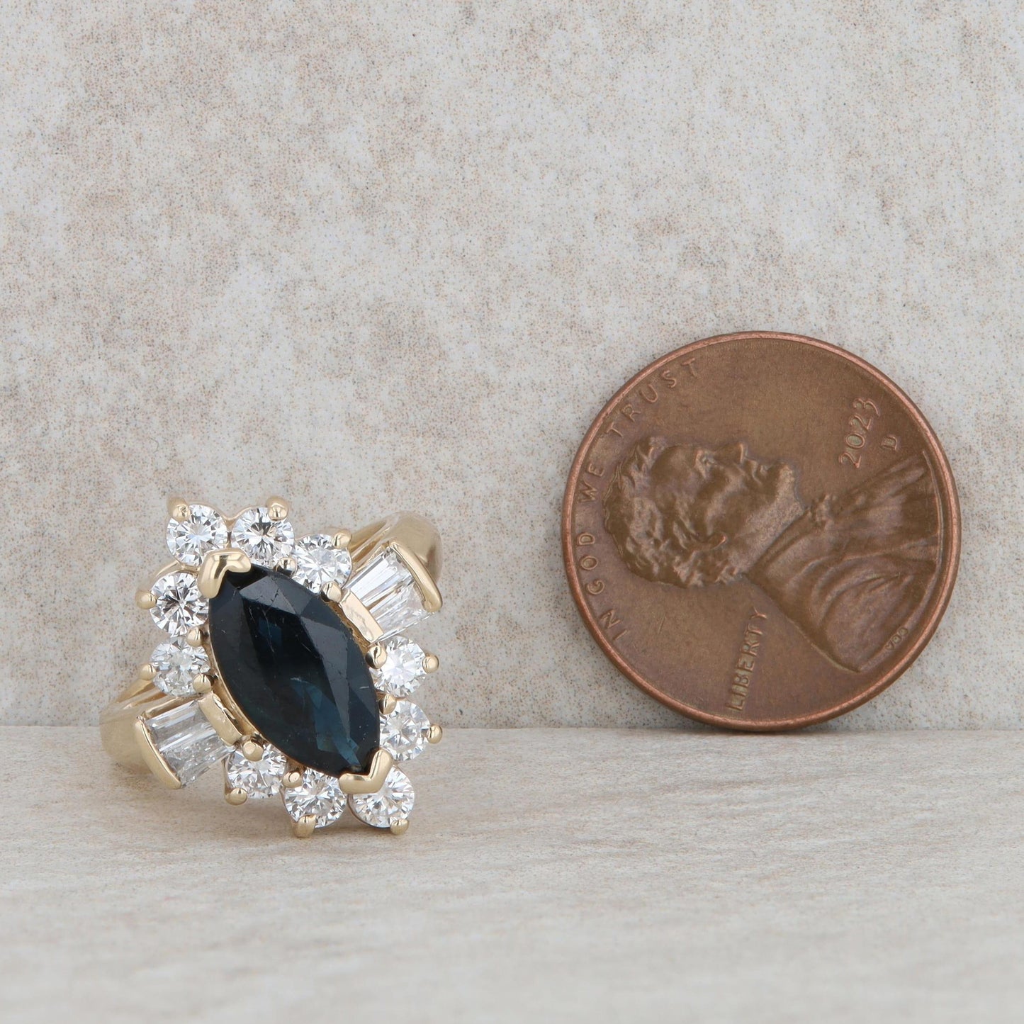 14k Yellow Gold Marquise Sapphire and Diamond Halo Ring