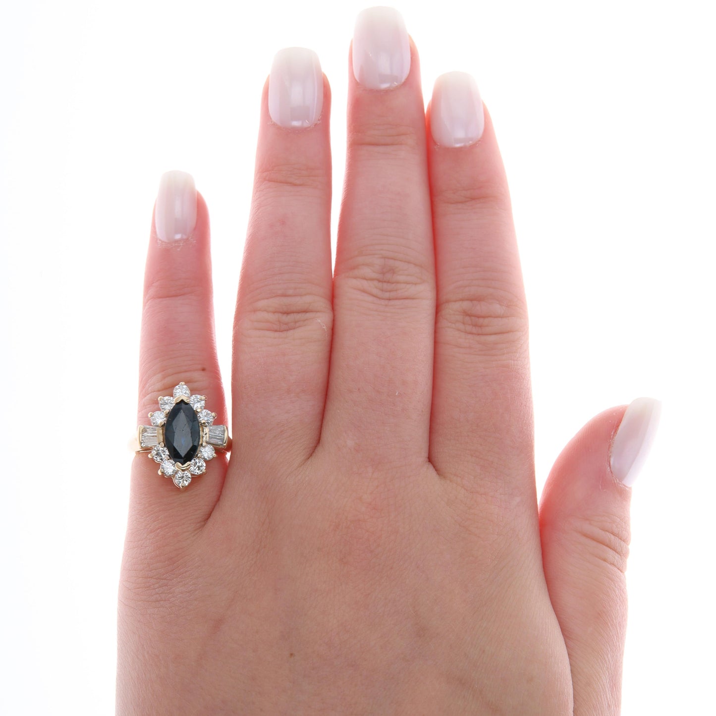 14k Yellow Gold Marquise Sapphire and Diamond Halo Ring