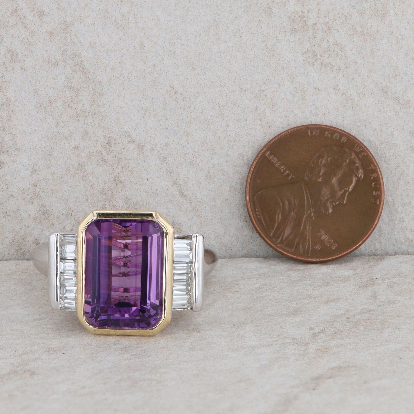 14k Yellow and White Gold Amethyst and Diamond Ring