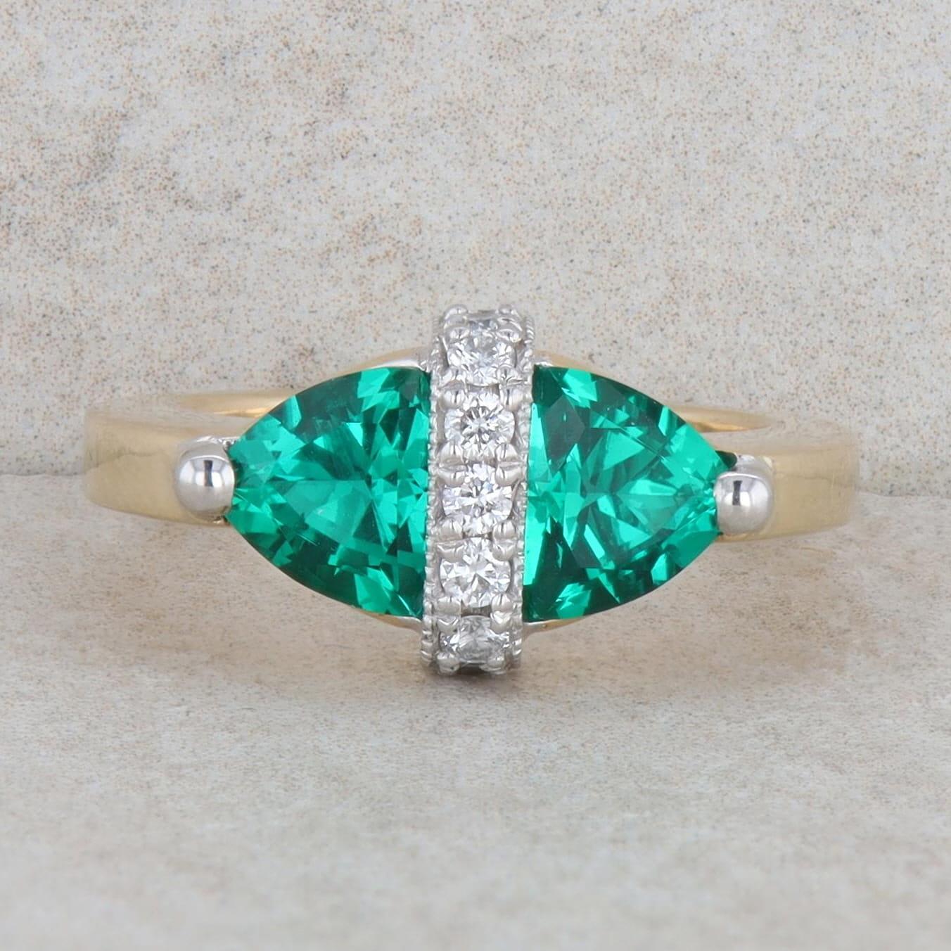 14k Yellow Gold Trillion Lab Grown Emerald and Diamond Ring