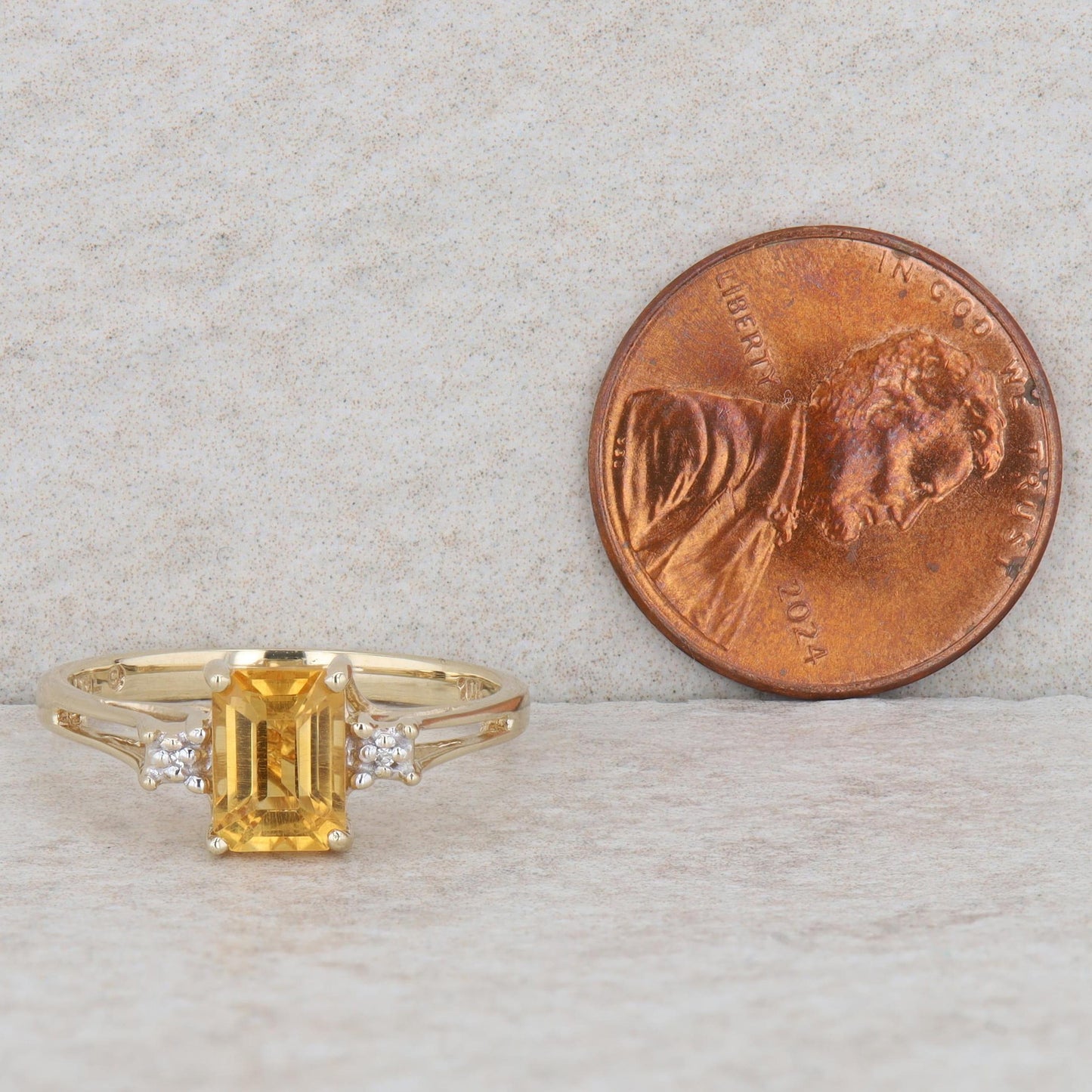 10k Yellow Gold Emerald Cut Citrine & Diamond Split Shank Ring, Finger Size 6.25
