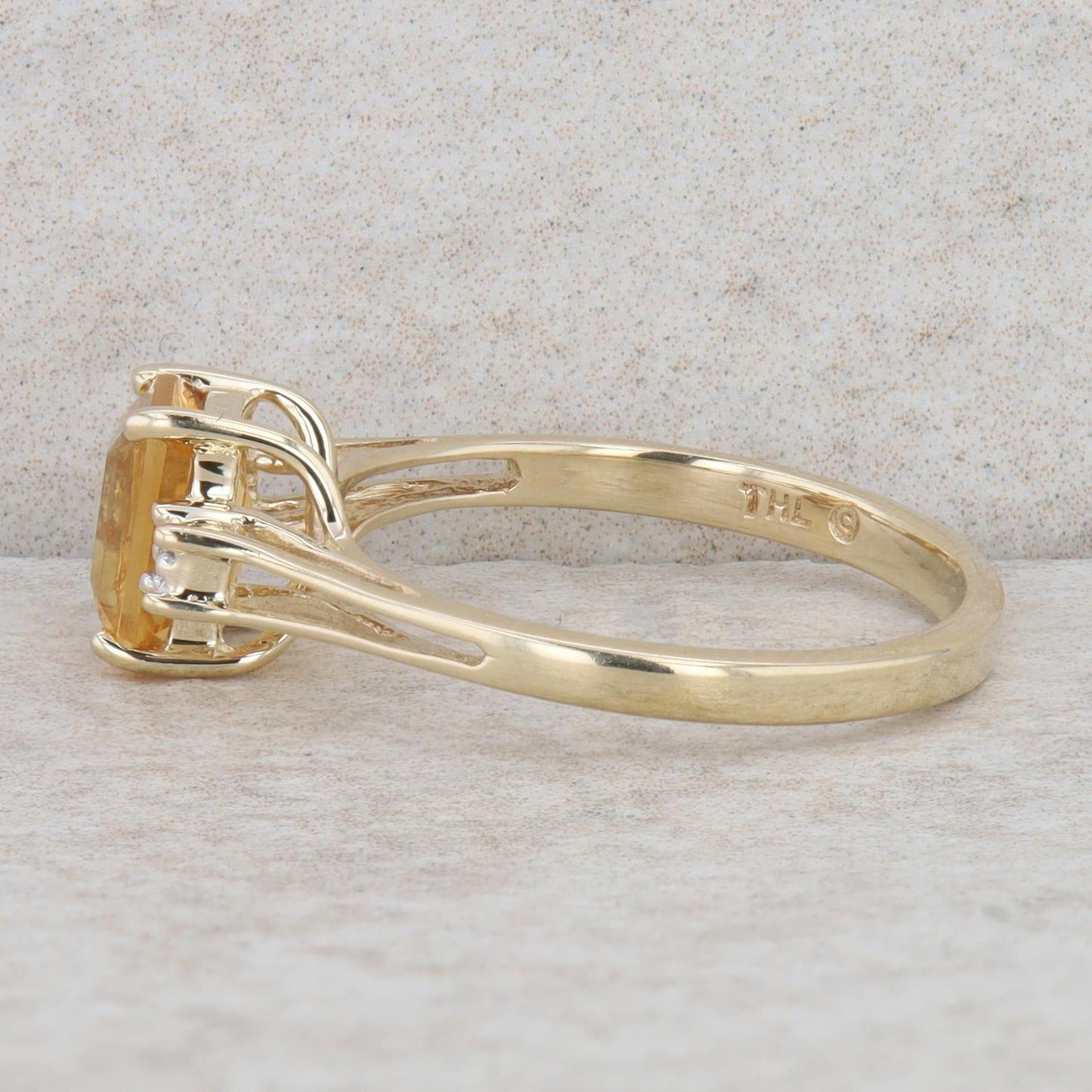 10k Yellow Gold Emerald Cut Citrine & Diamond Split Shank Ring, Finger Size 6.25