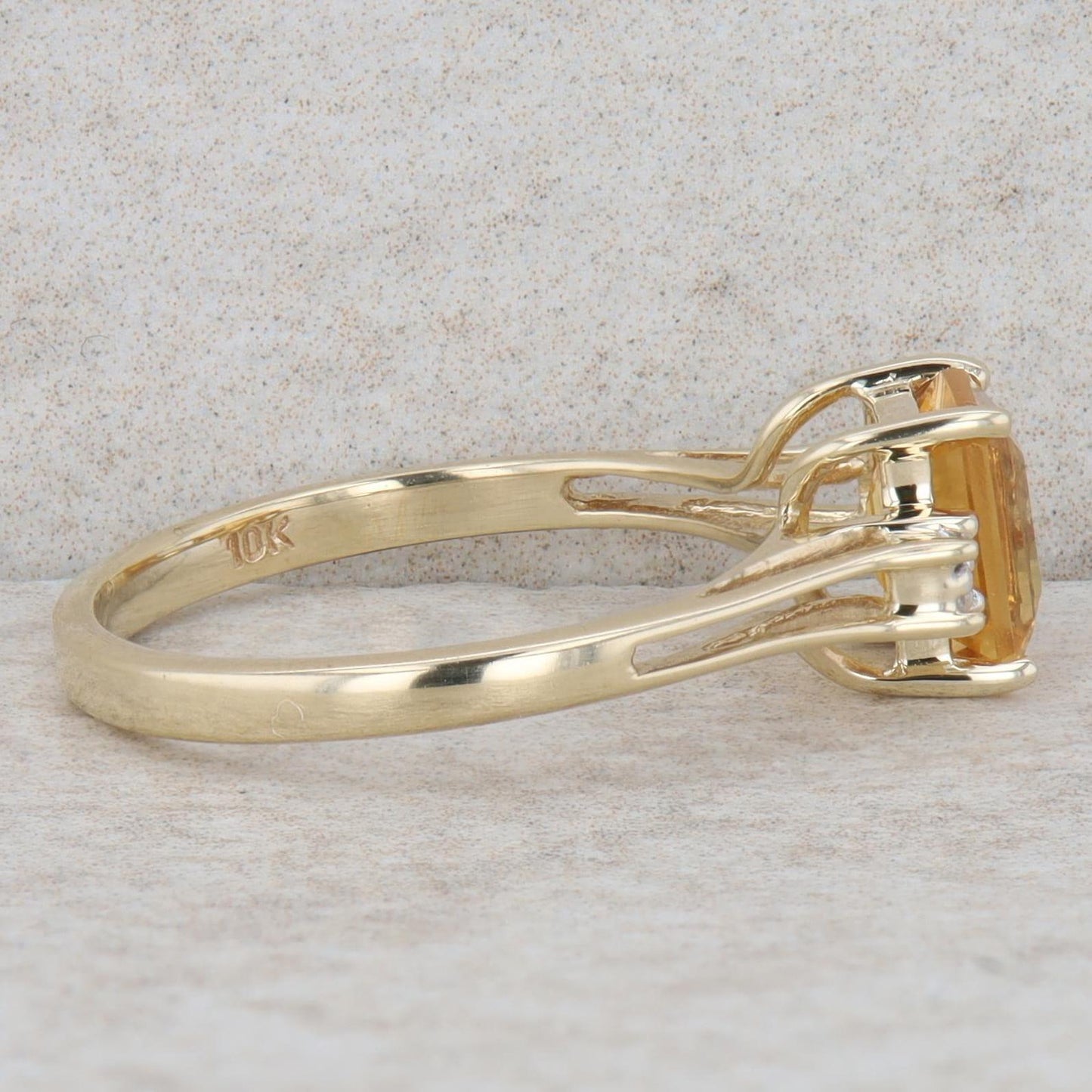 10k Yellow Gold Emerald Cut Citrine & Diamond Split Shank Ring, Finger Size 6.25