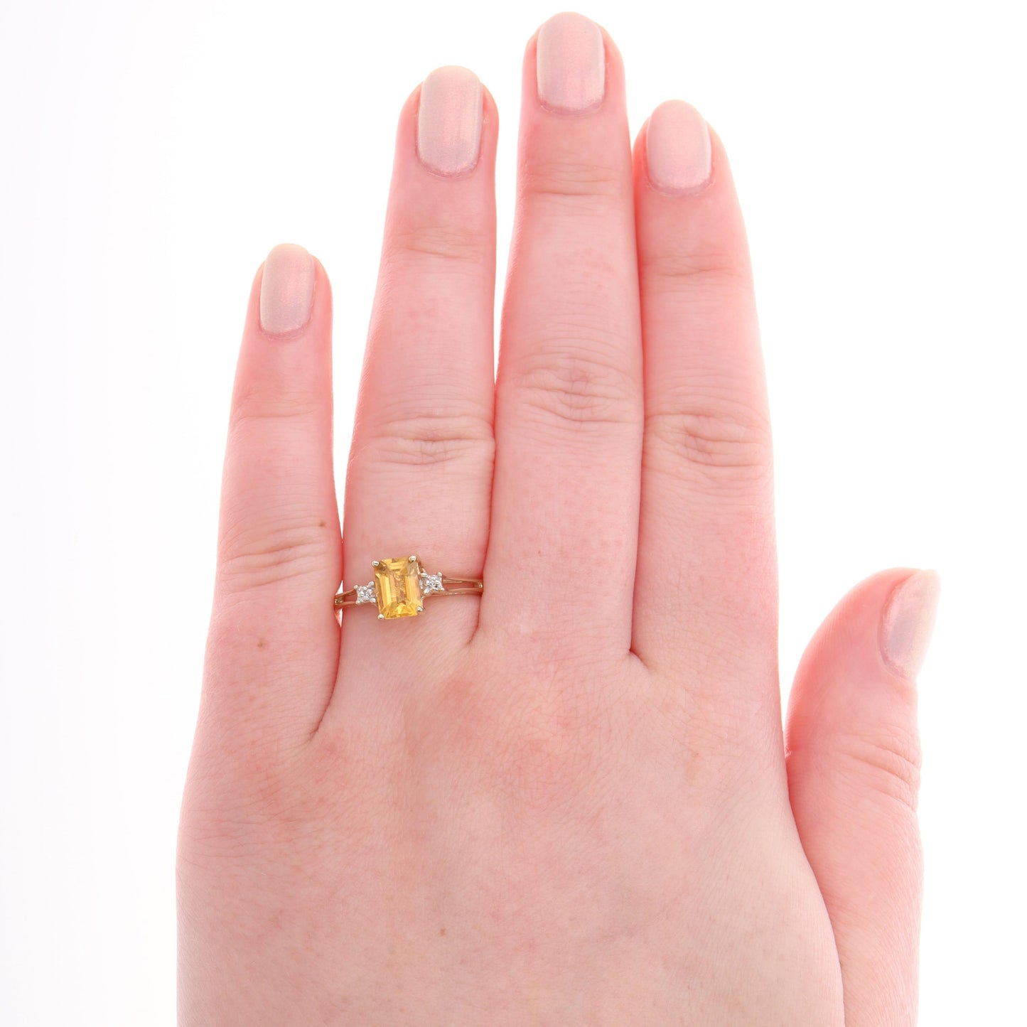 10k Yellow Gold Emerald Cut Citrine & Diamond Split Shank Ring, Finger Size 6.25