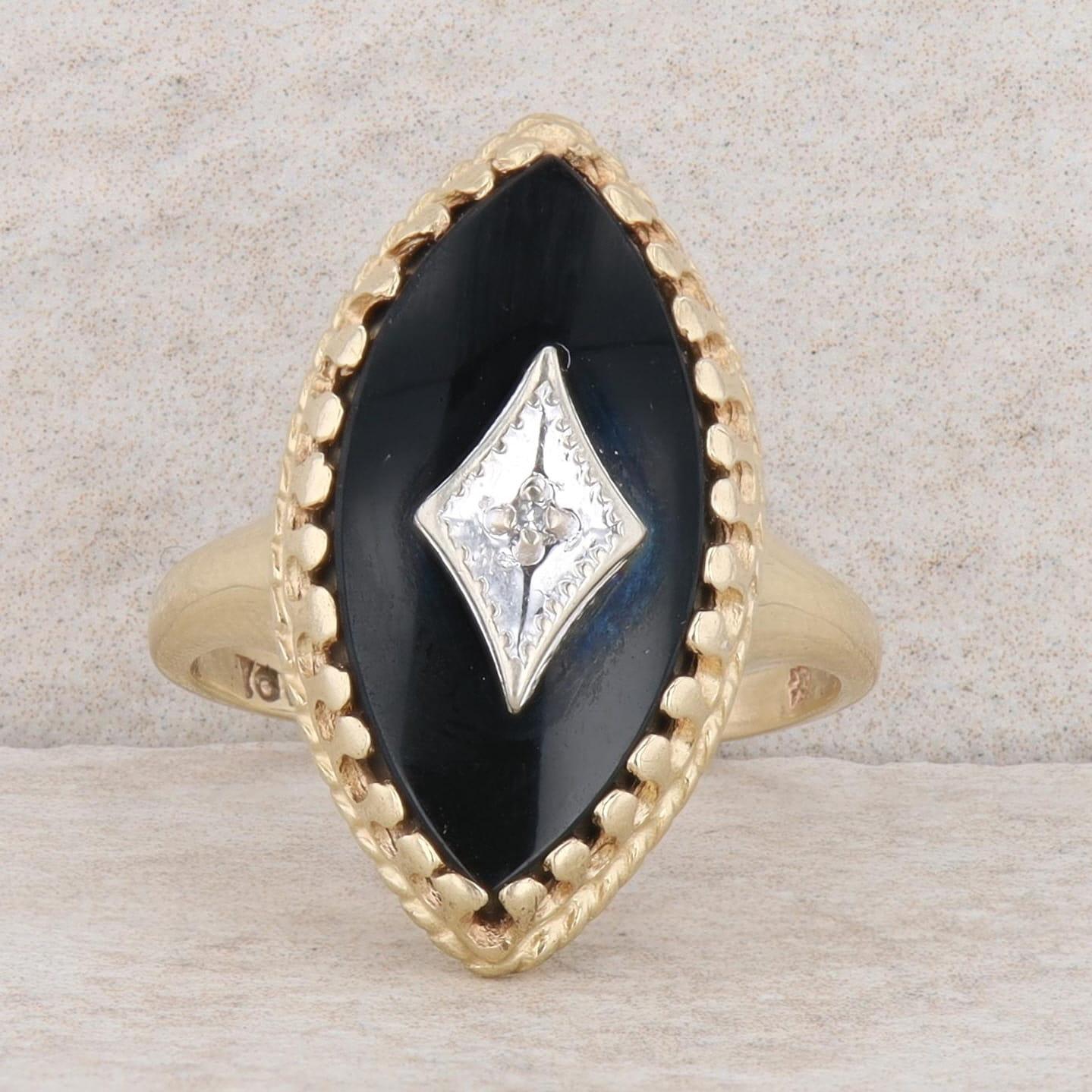 10k Two-Tone Gold Marquise Onyx & Diamond Ring, Finger Size 6