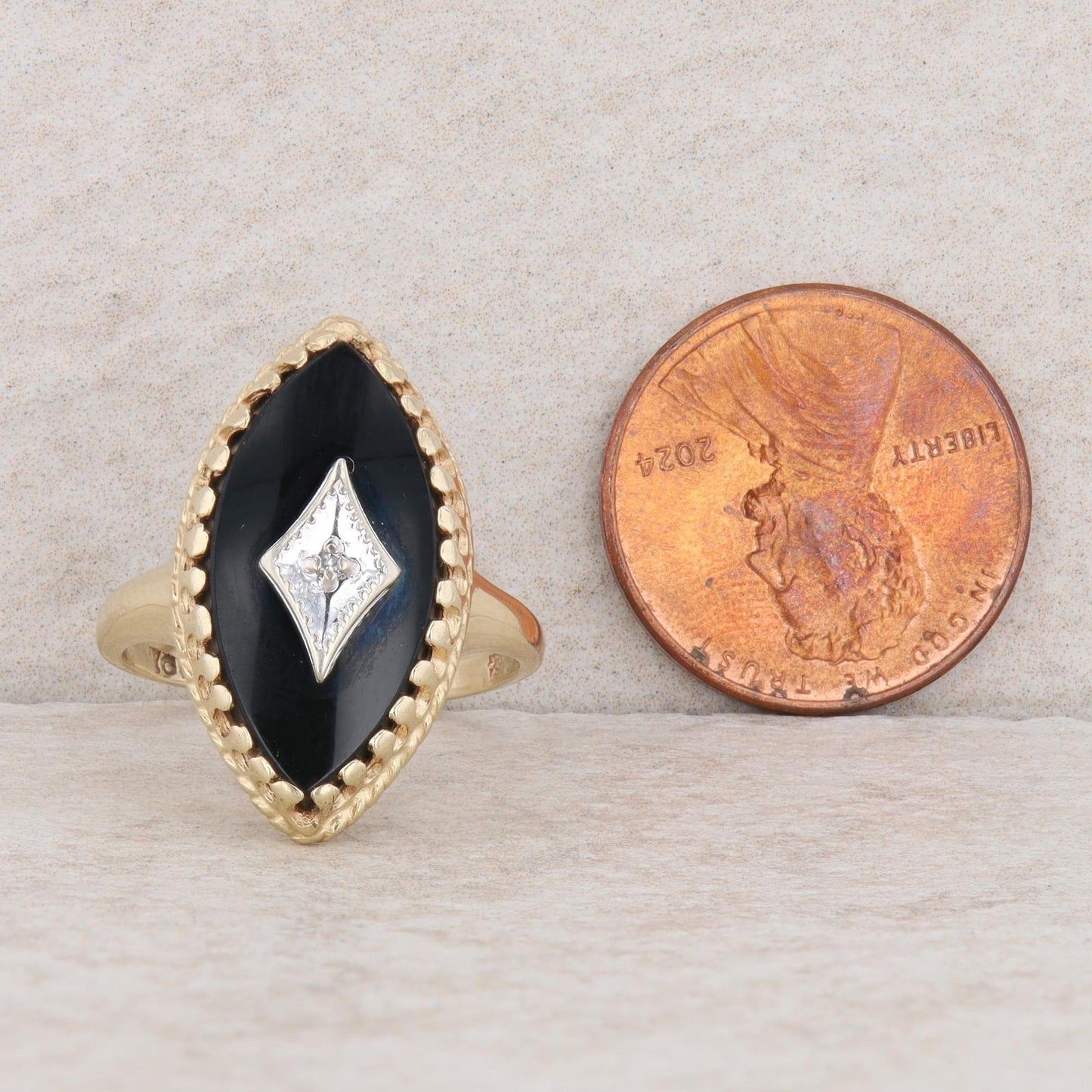 10k Two-Tone Gold Marquise Onyx & Diamond Ring, Finger Size 6