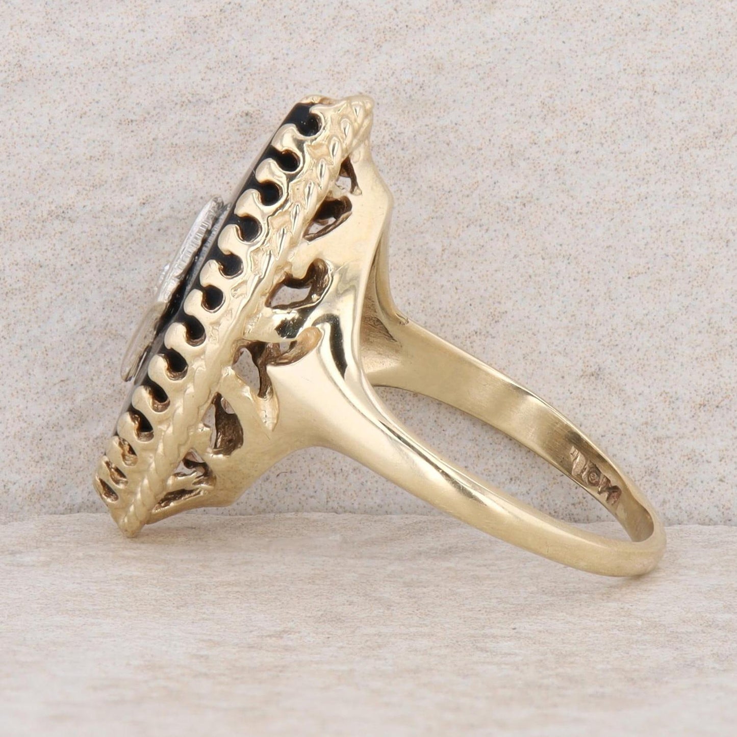 10k Two-Tone Gold Marquise Onyx & Diamond Ring, Finger Size 6