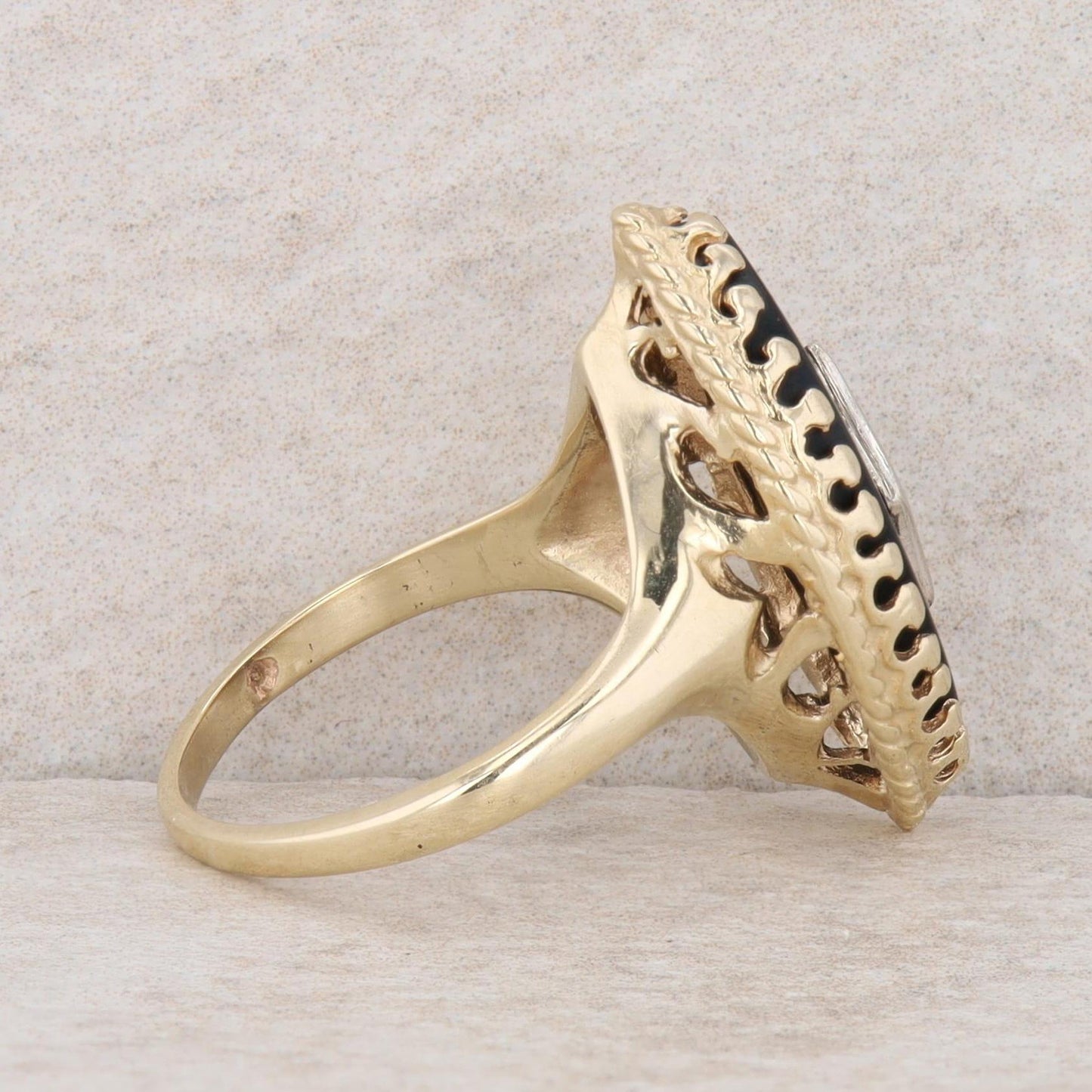 10k Two-Tone Gold Marquise Onyx & Diamond Ring, Finger Size 6