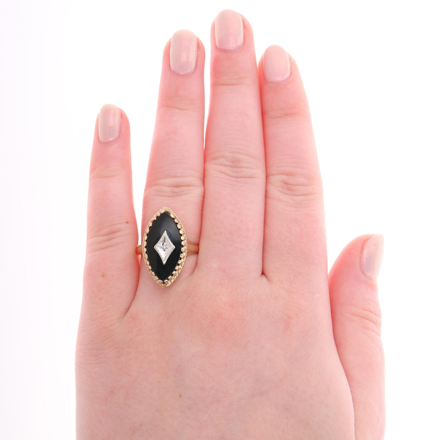 10k Two-Tone Gold Marquise Onyx & Diamond Ring, Finger Size 6
