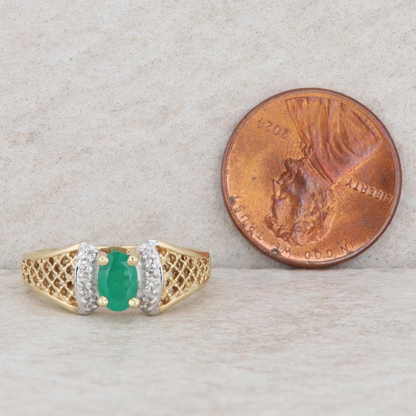14k Yellow & White Gold Oval Emerald & Diamond Lattice Shank Ring