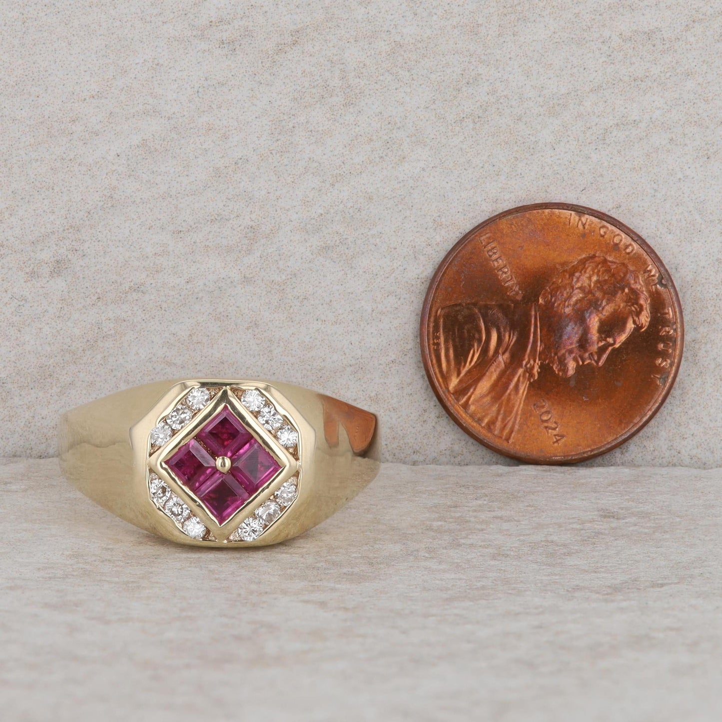 14k Yellow Gold Square Synthetic Ruby & Diamond Signet Style Ring