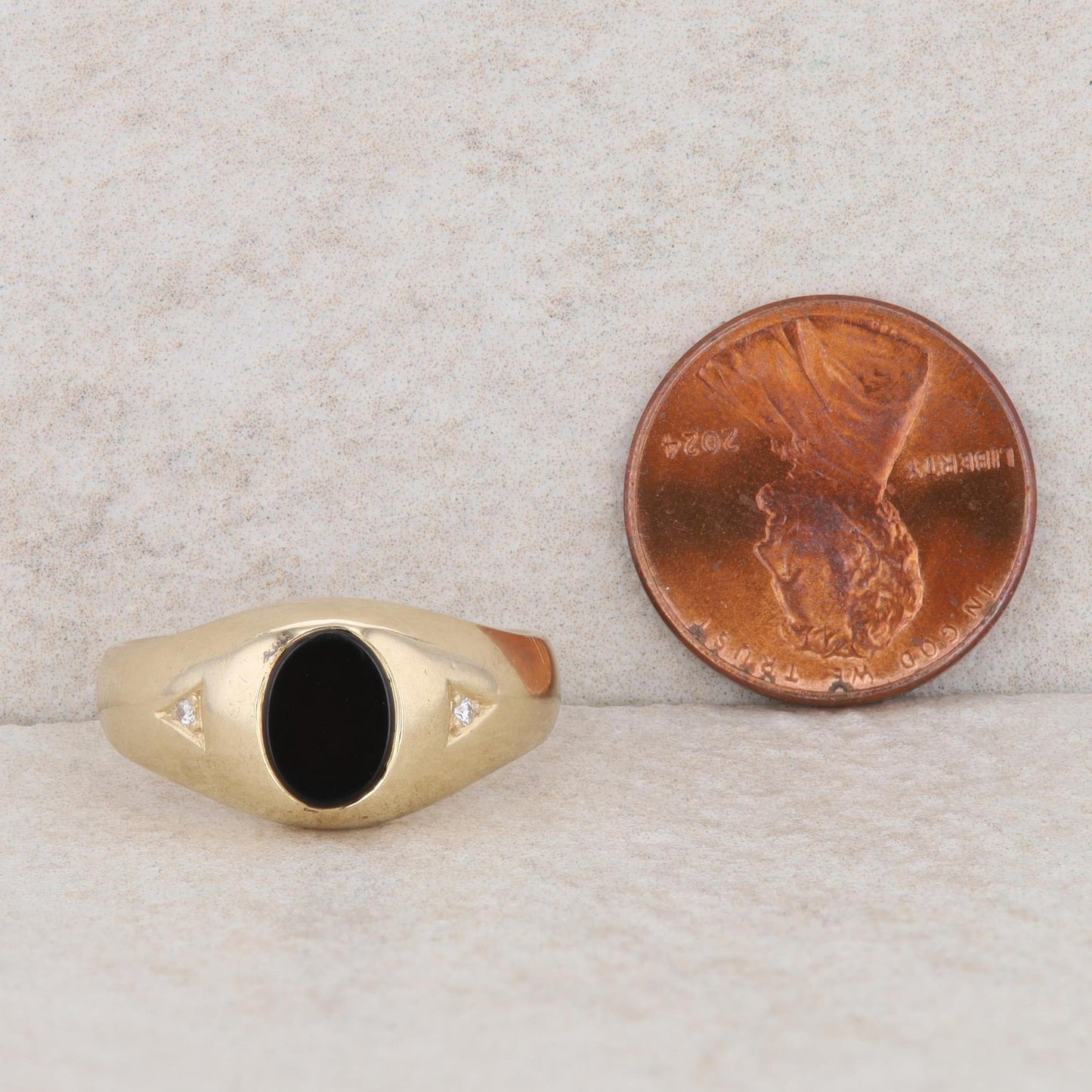 14k Yellow Gold Oval Onyx & Diamond Flat Top Wide Ring