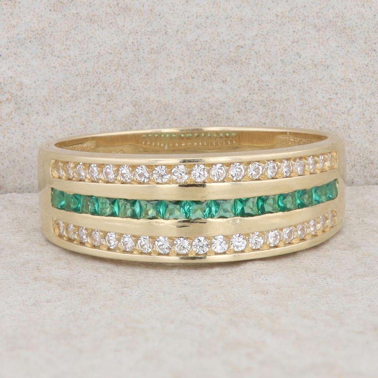14k Yellow Gold Square Cut Green & White Cubic Zirconia Band