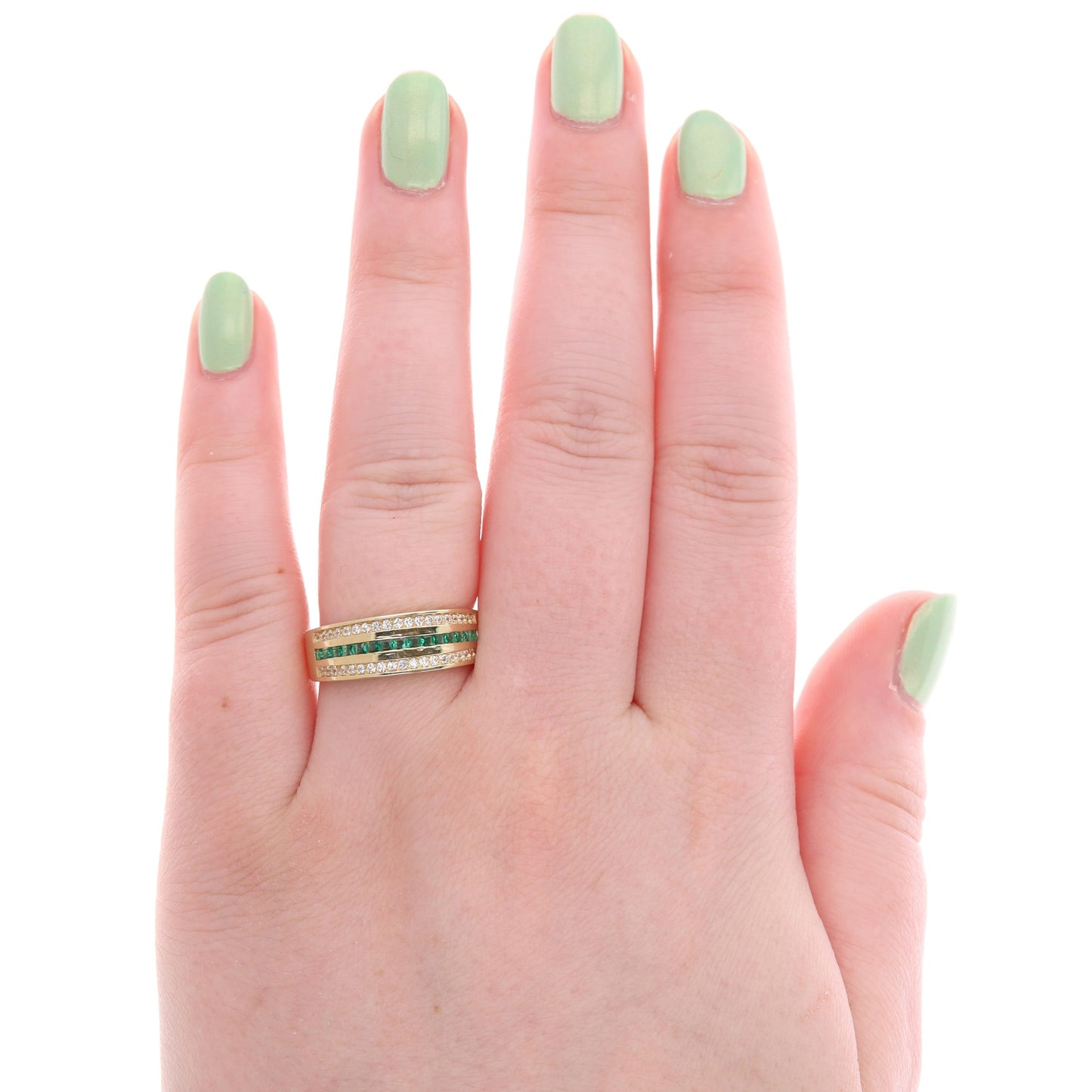 14k Yellow Gold Square Cut Green & White Cubic Zirconia Band