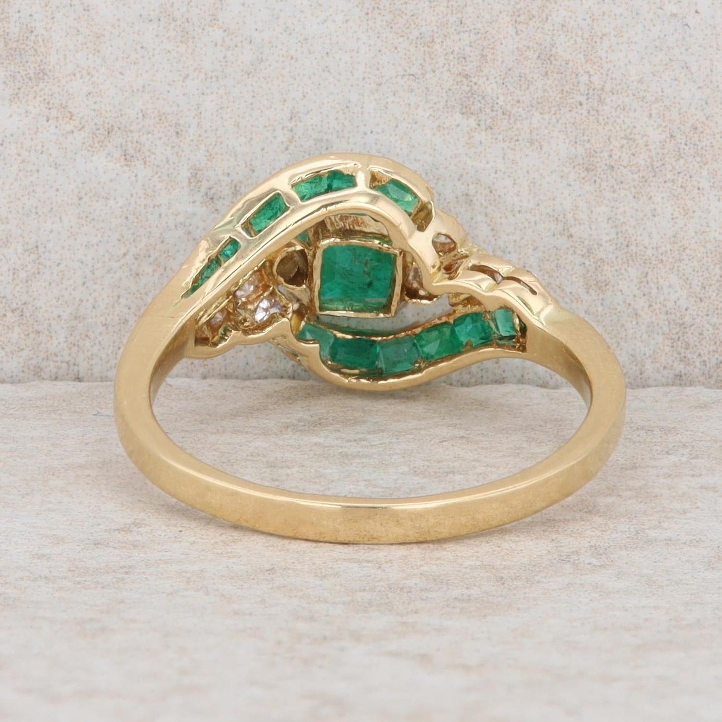 18k Yellow Gold Square Step Cut Emerald & Diamond Bypass Halo Style Ring