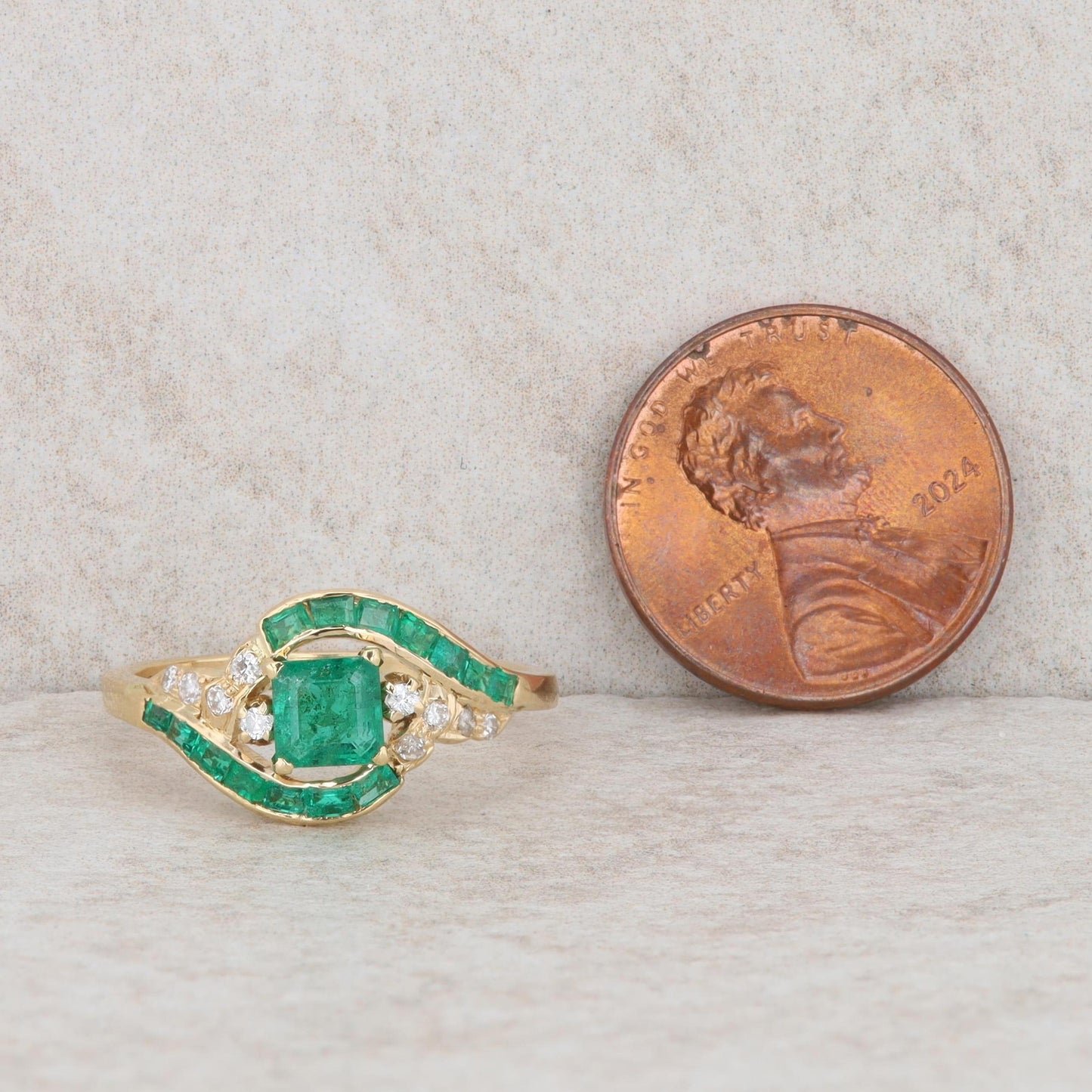 18k Yellow Gold Square Step Cut Emerald & Diamond Bypass Halo Style Ring