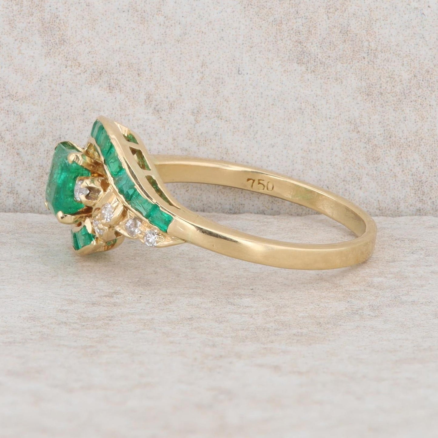18k Yellow Gold Square Step Cut Emerald & Diamond Bypass Halo Style Ring