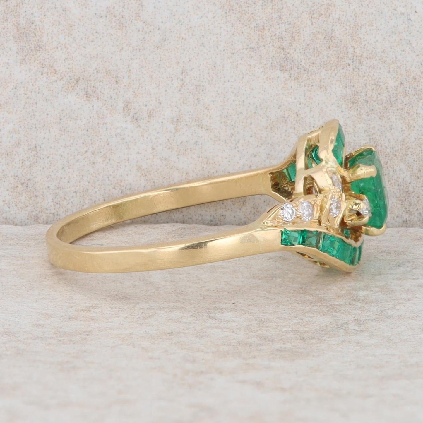 18k Yellow Gold Square Step Cut Emerald & Diamond Bypass Halo Style Ring