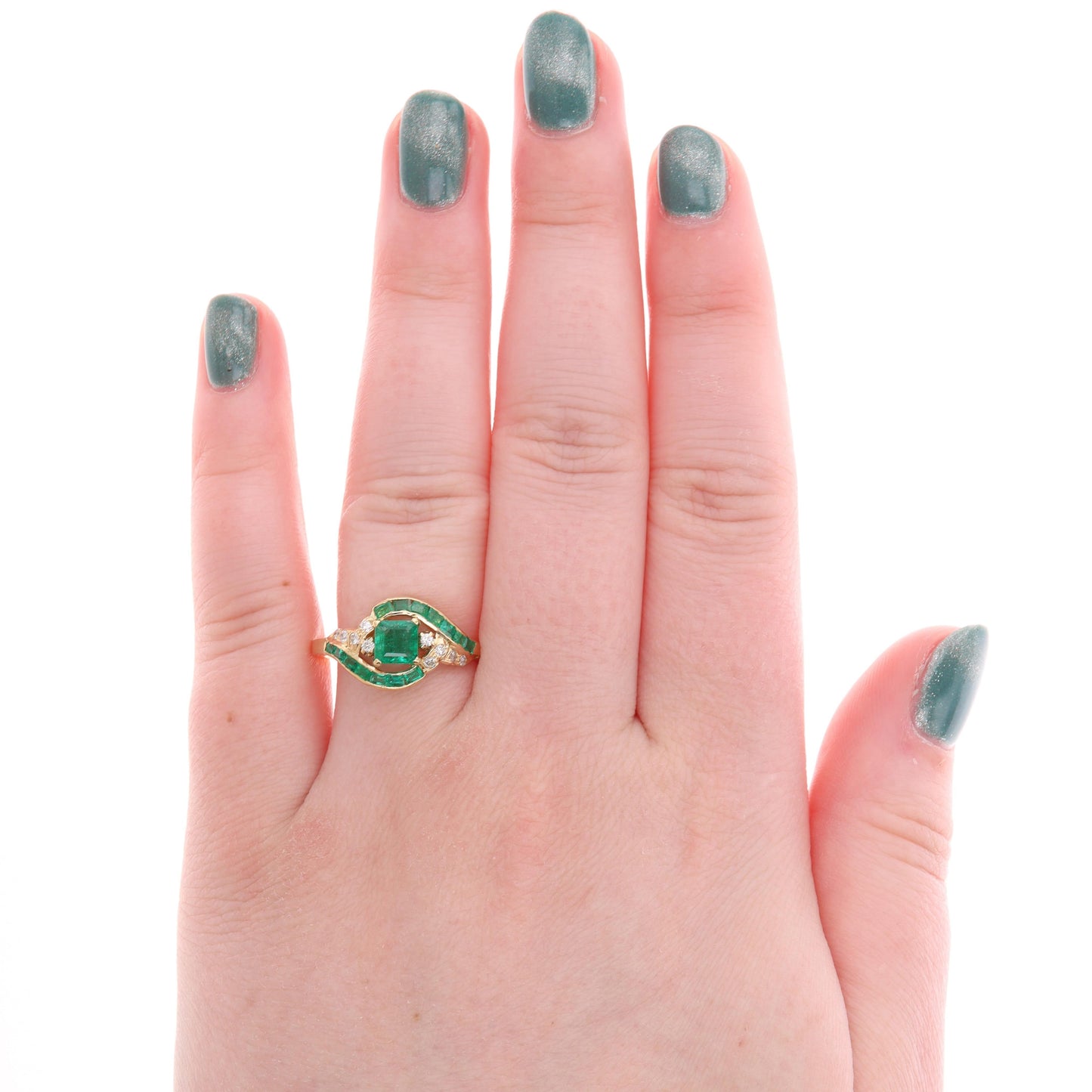 18k Yellow Gold Square Step Cut Emerald & Diamond Bypass Halo Style Ring