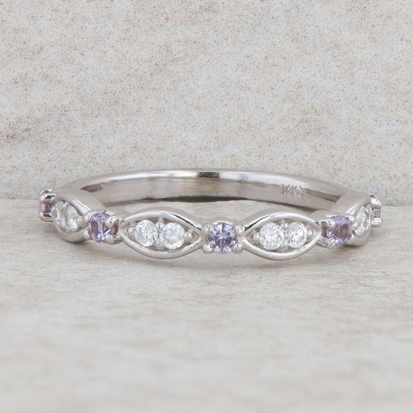 14k White Gold Imitation Alexandrite & Natural Diamond Alternating Band