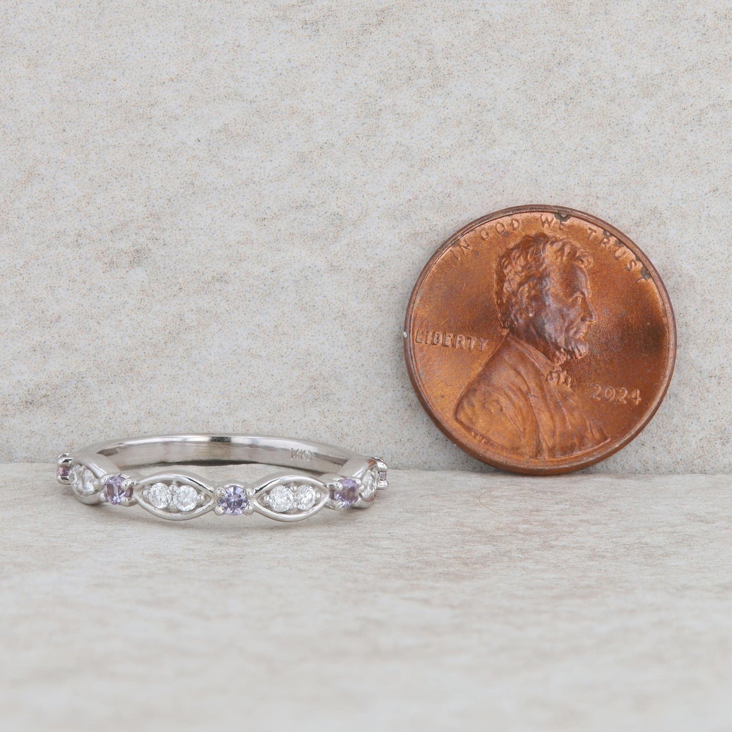 14k White Gold Imitation Alexandrite & Natural Diamond Alternating Band