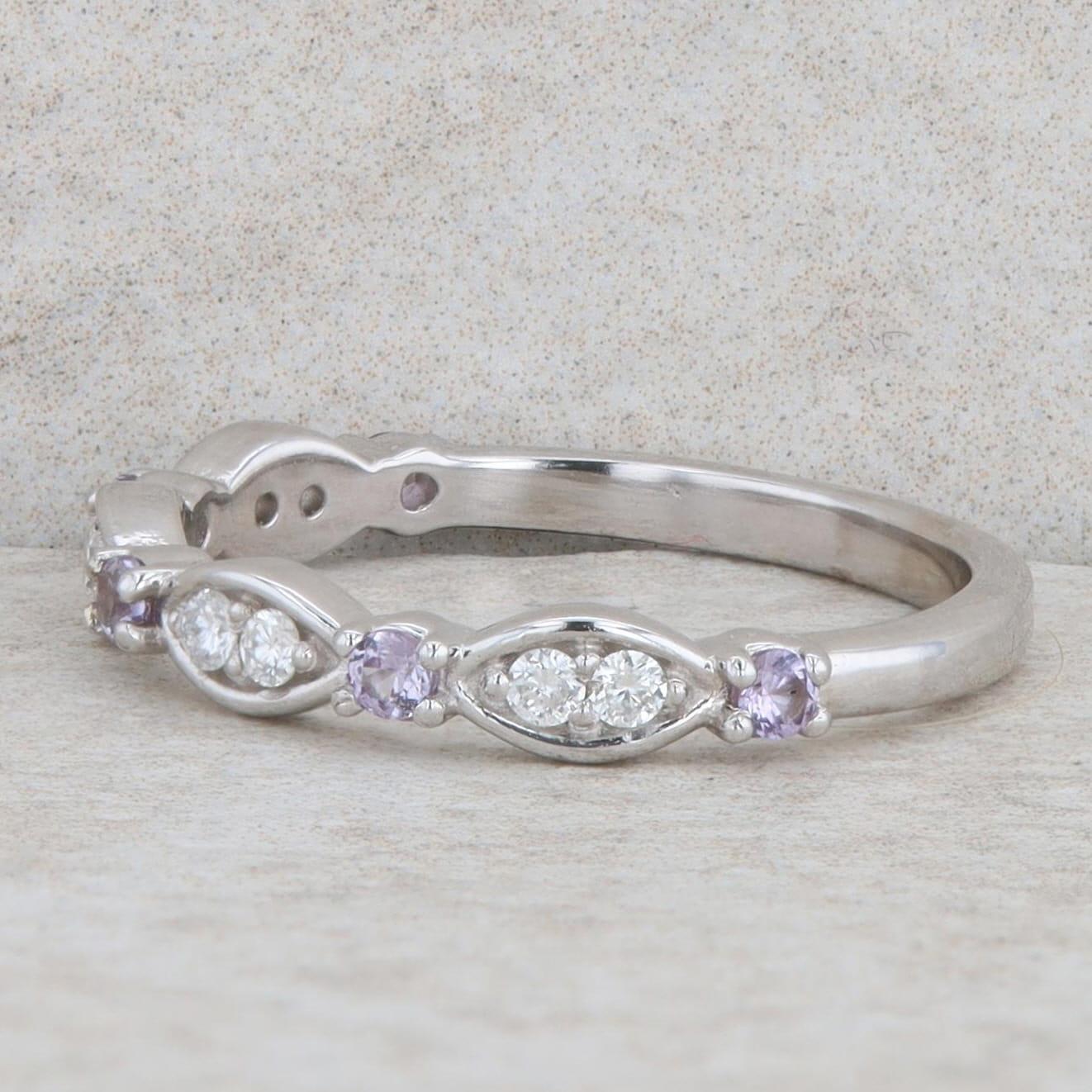 14k White Gold Imitation Alexandrite & Natural Diamond Alternating Band