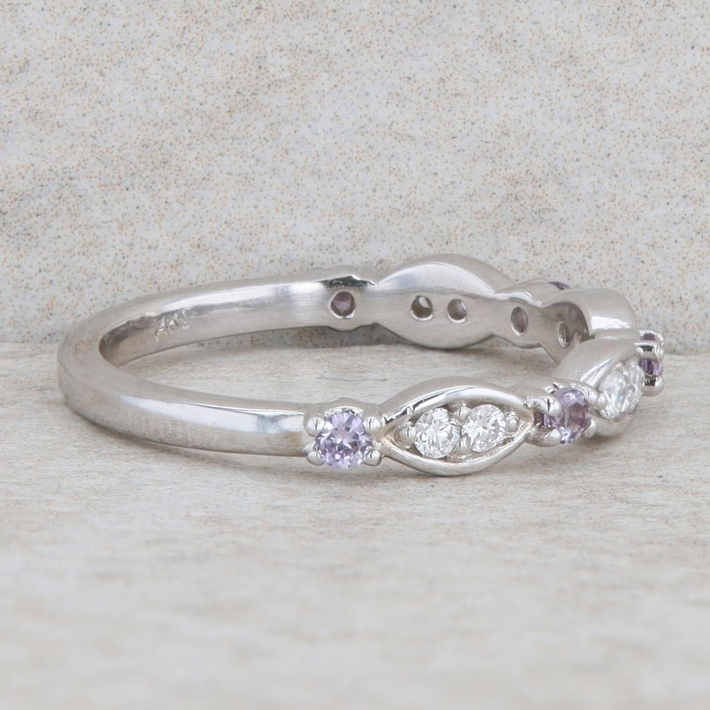 14k White Gold Imitation Alexandrite & Natural Diamond Alternating Band
