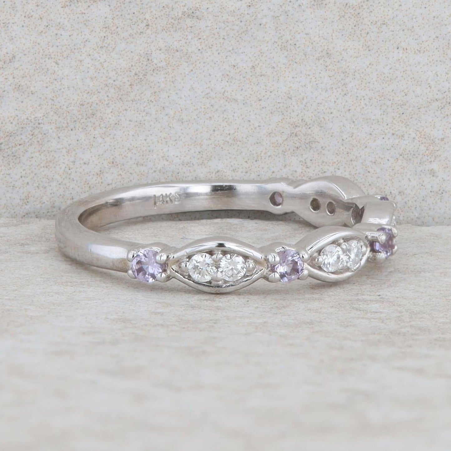 14k White Gold Imitation Alexandrite & Natural Diamond Alternating Band