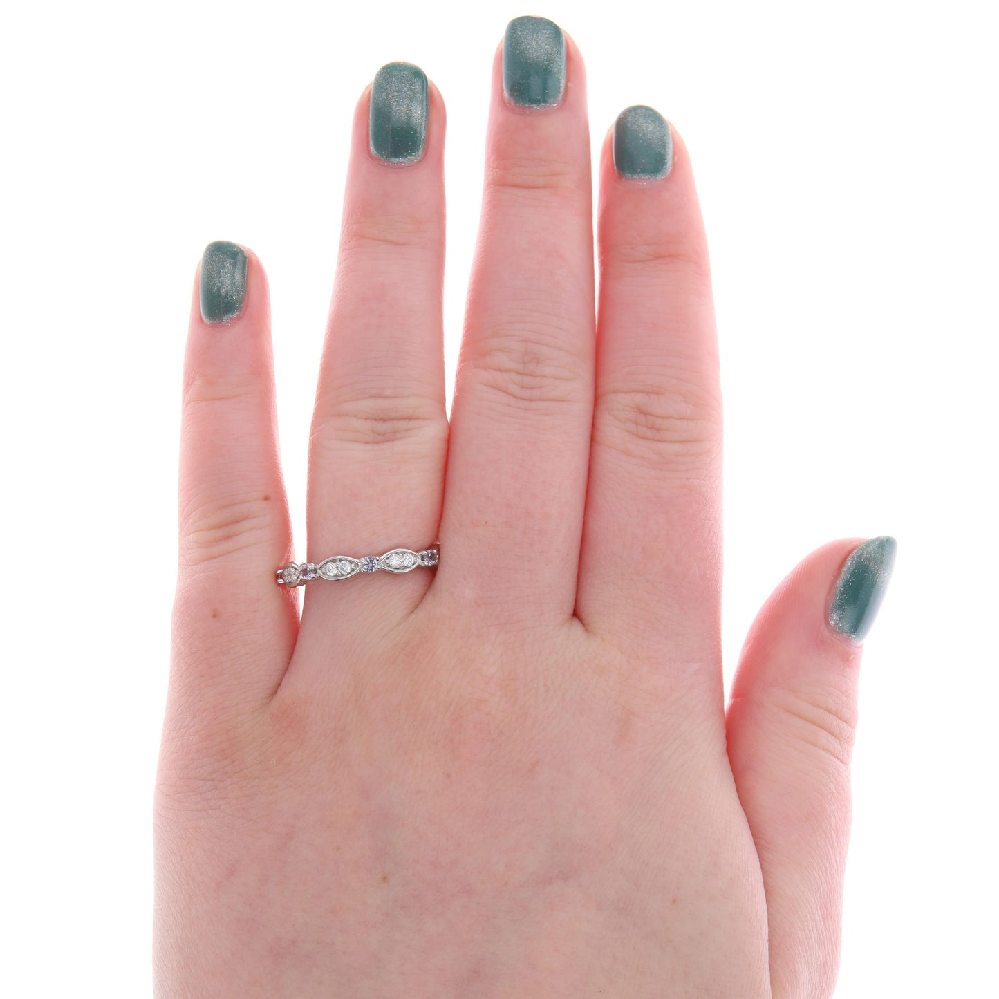 14k White Gold Imitation Alexandrite & Natural Diamond Alternating Band
