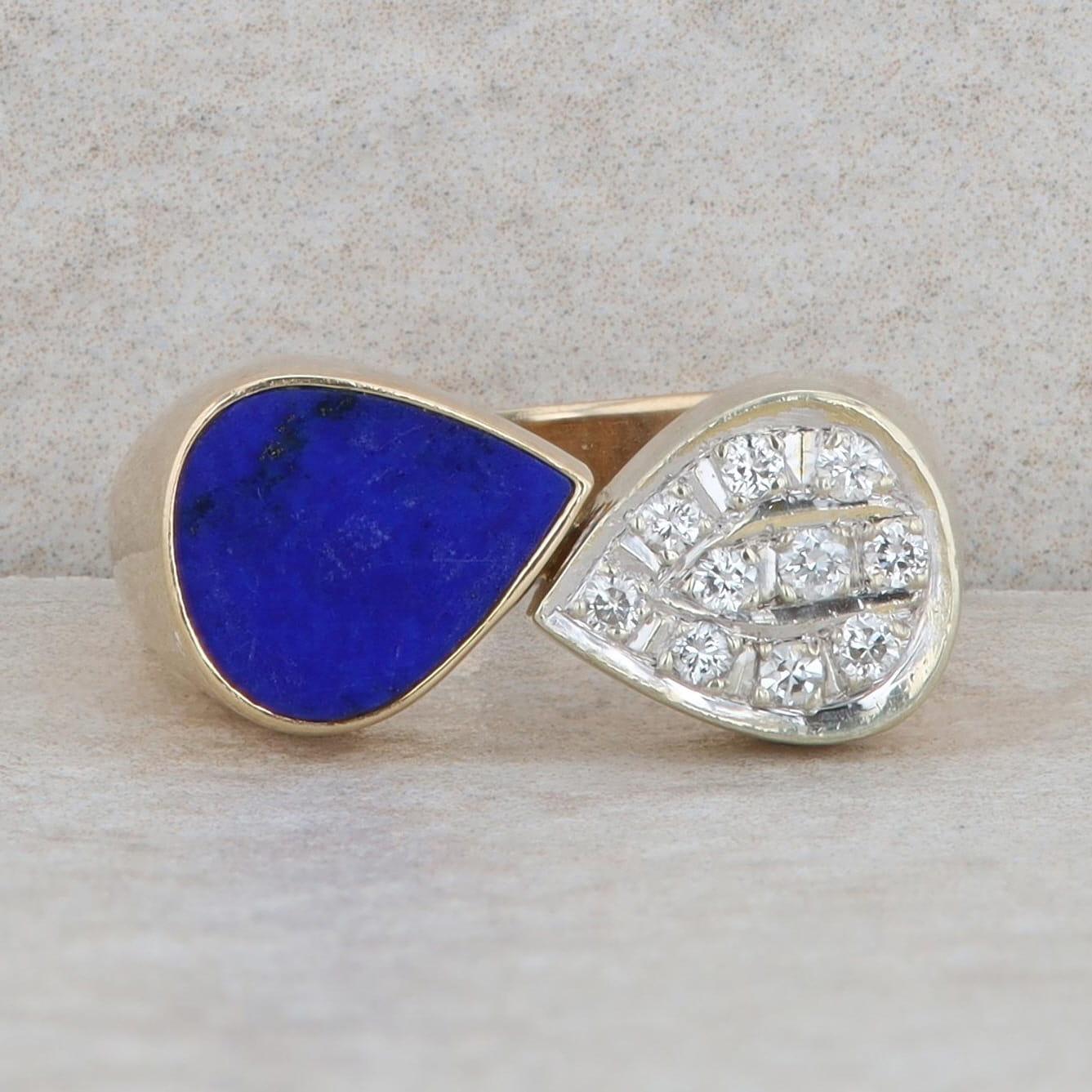 14k Yellow Gold Pear Shape Lapis & Diamond Bypass Ring