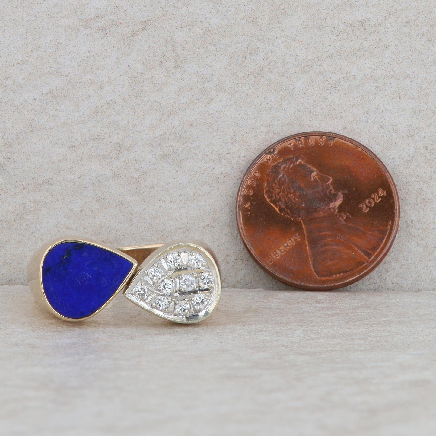 14k Yellow Gold Pear Shape Lapis & Diamond Bypass Ring